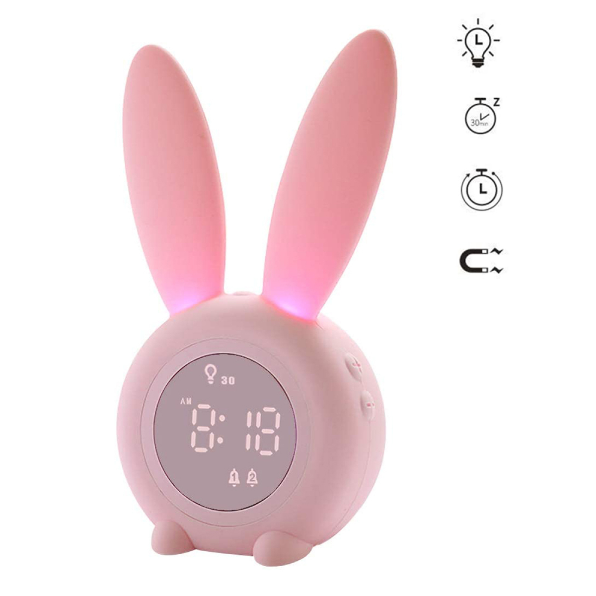Rosa Kaninchen-Wecker mit Digitalanzeige. Symbole für Licht, Schlaf und Timer. Zeigt 8:18 Uhr an.