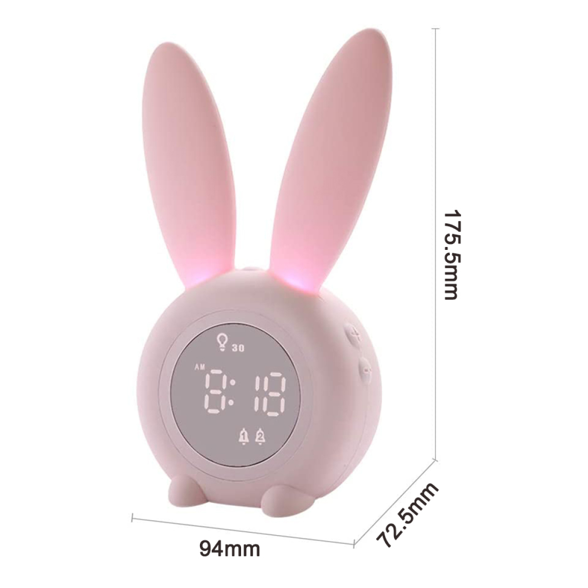Ein pinkfarbener, hasenförmiger Wecker mit digitaler Anzeige. Er hat Hasenohren und Knöpfe auf der Rückseite.