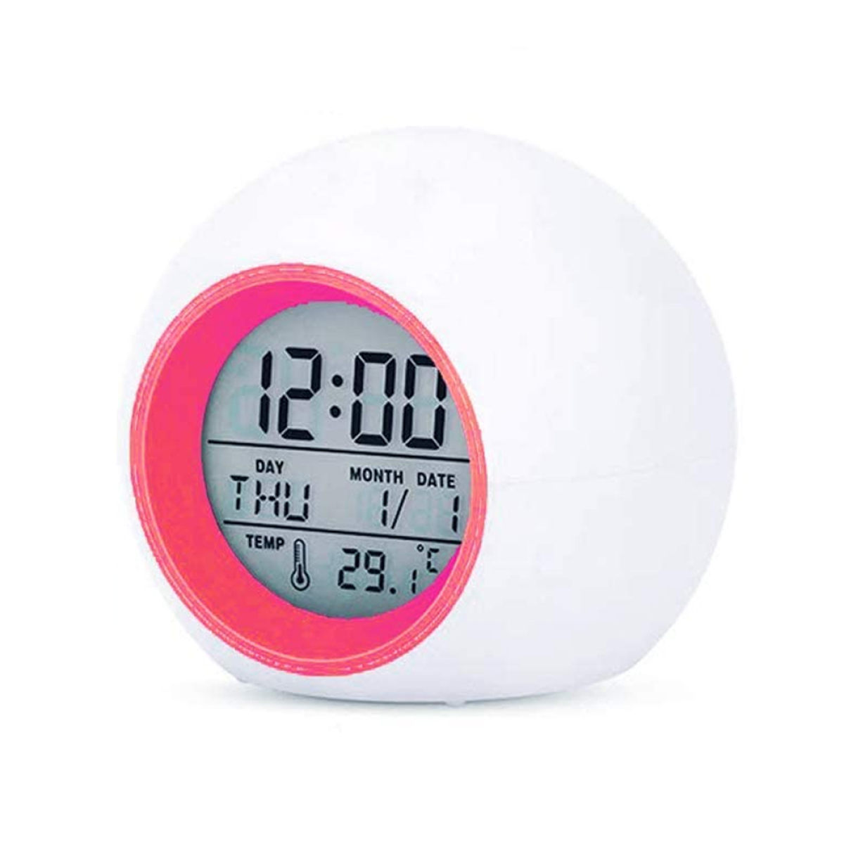 Weißer und rosafarbener digitaler Wecker, der 12:00 Uhr anzeigt. Zeigt Tag, Datum und Temperatur an. Runde Form.