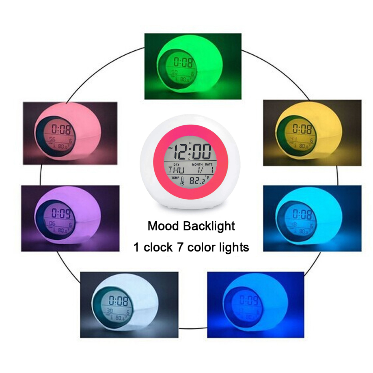 Ein digitaler Wecker mit 7 farbigen Lichtern. Er zeigt Zeit, Temperatur und Datum an. Die Uhr befindet sich in einem weißen Kreis.