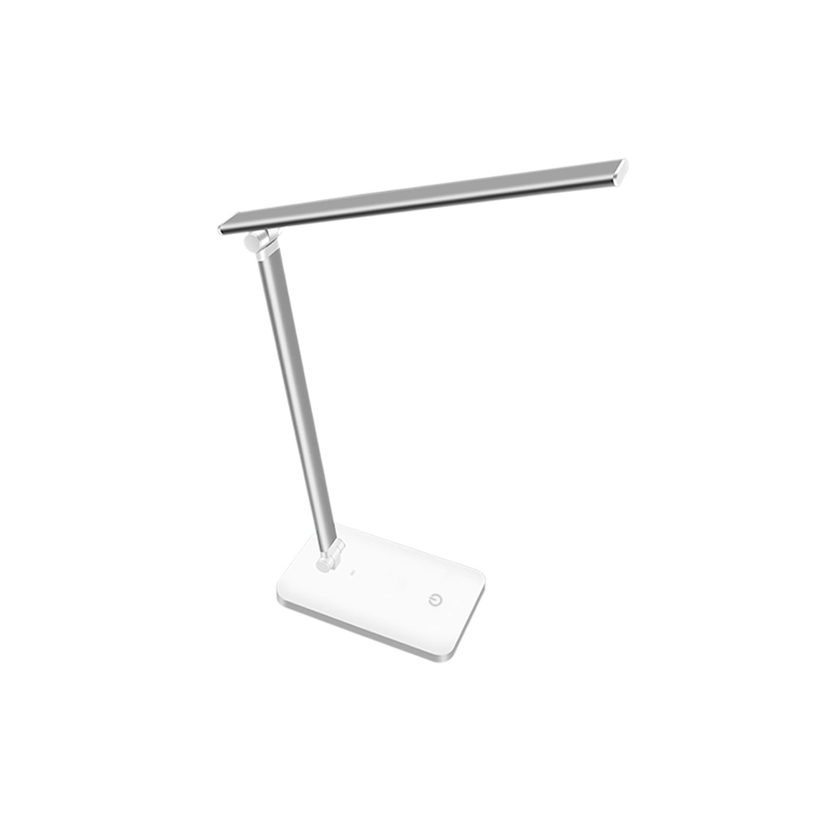 Silberne Schreibtischlampe mit langem Lichtpanel und weißem Fuß.