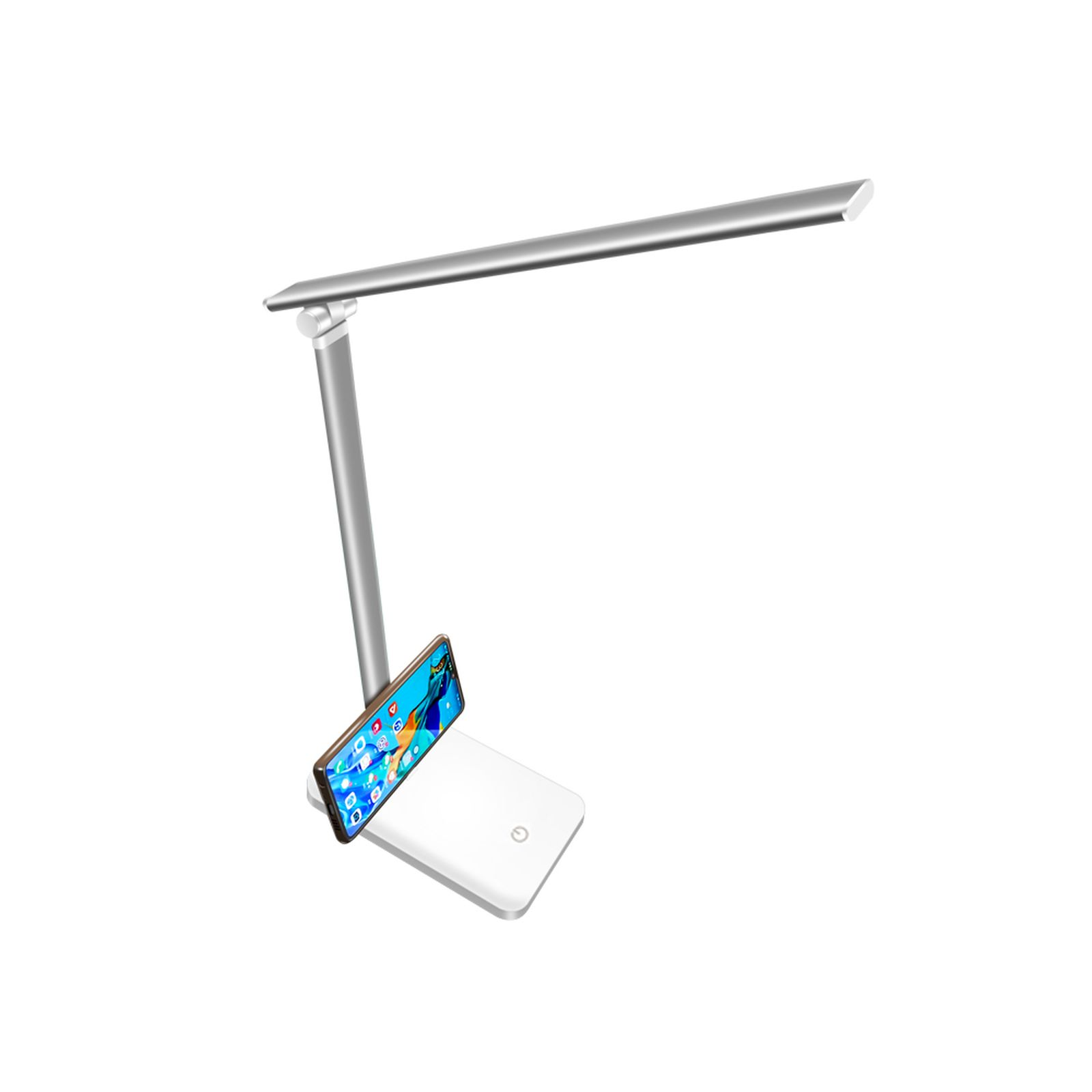 Silberne Schreibtischlampe mit Telefon auf dem Sockel. Die Lampe steht auf einer weißen Oberfläche.