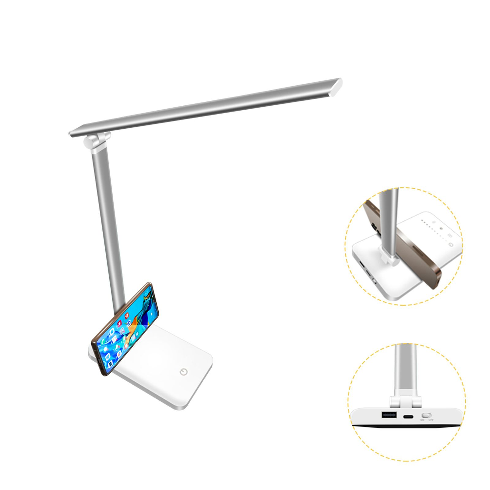Silberne Schreibtischlampe mit Telefonhalter und Telefon mit App. Weißer Hintergrund.