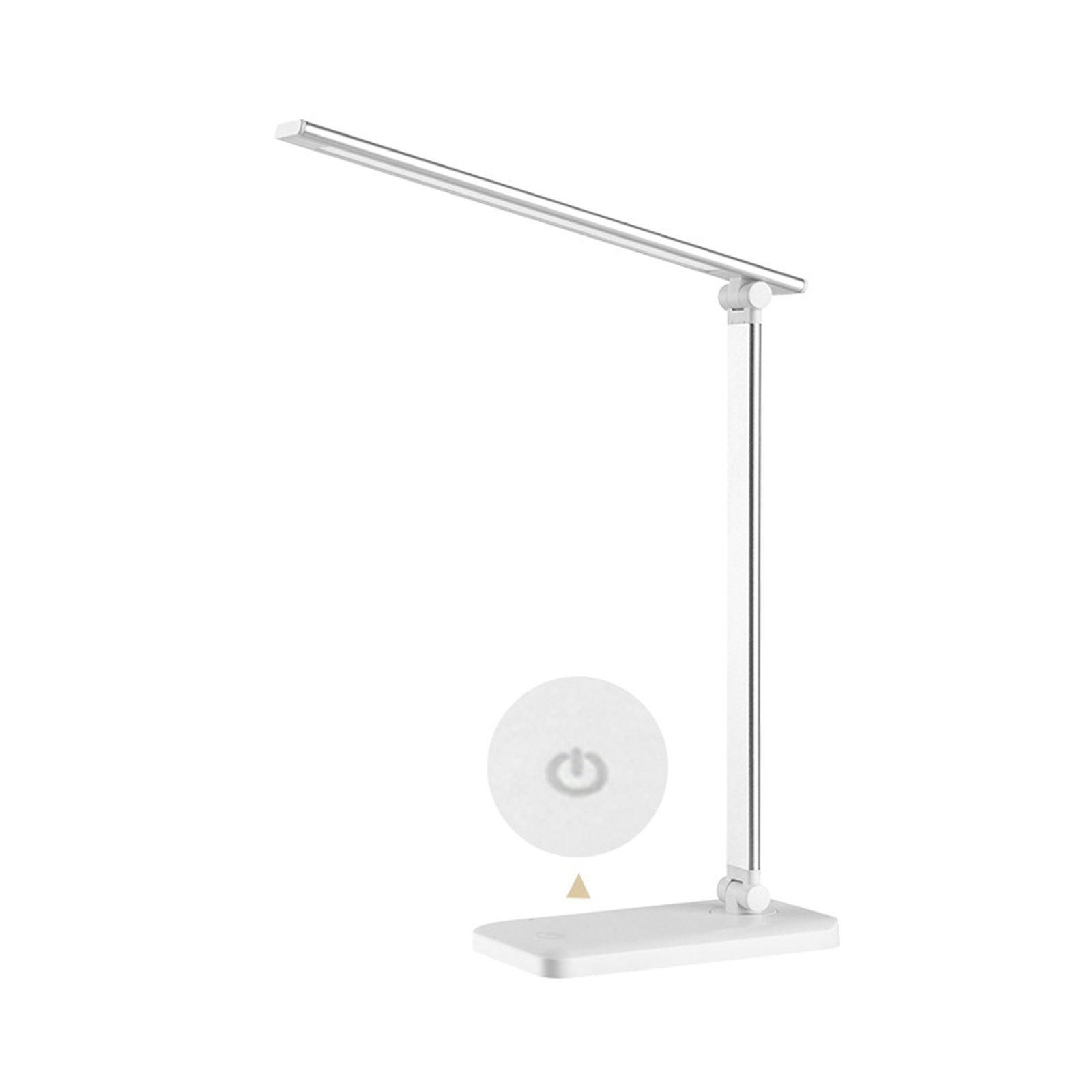 Eine weiße Schreibtischlampe mit einem langen, dünnen Lichtbalken und einem berührungsempfindlichen Ein-Aus-Schalter.