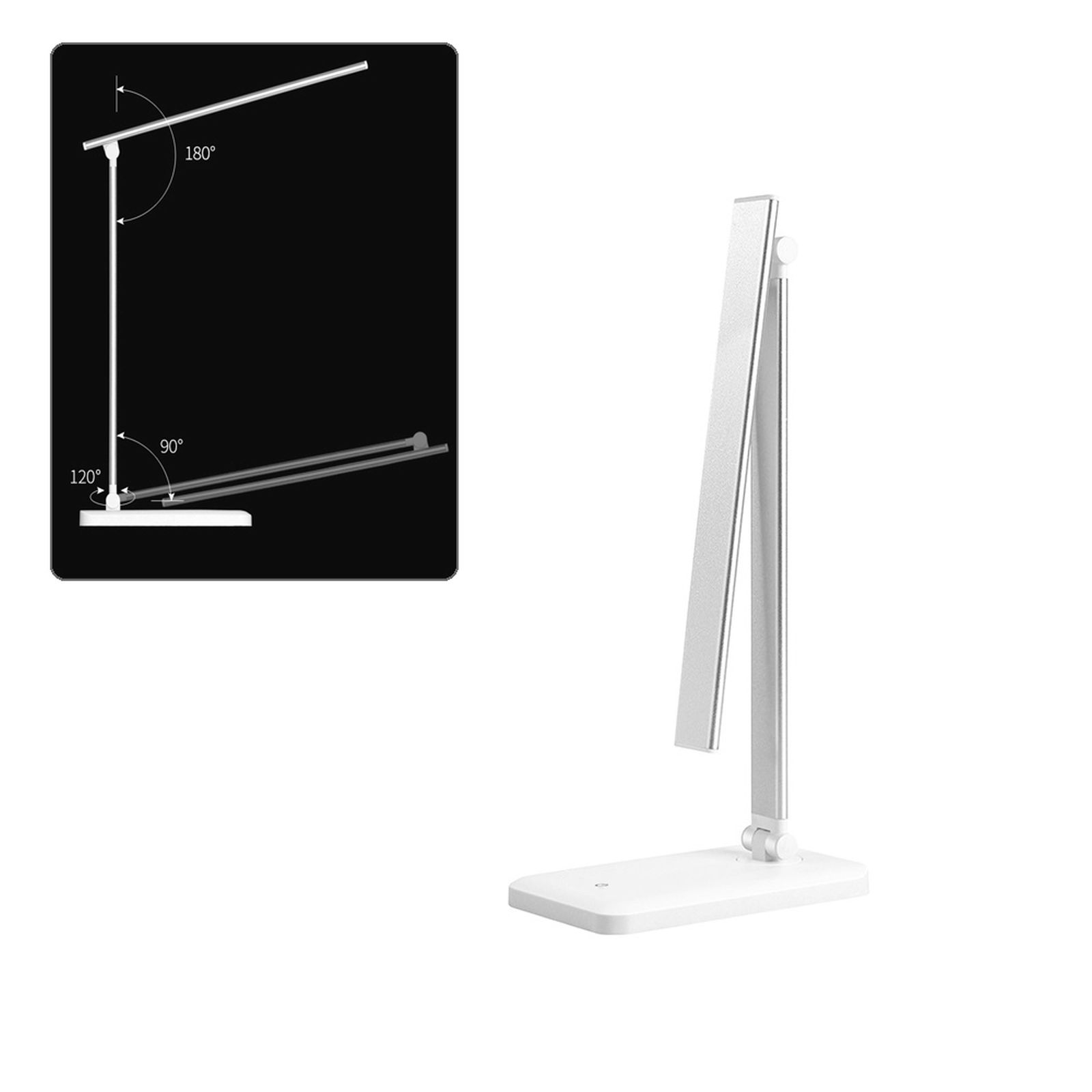 Weiße Schreibtischlampe. Diagramme zeigen Verstellbarkeit.