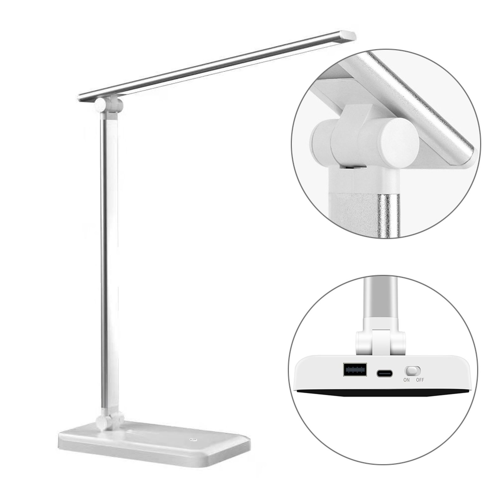 Weiße Schreibtischlampe mit langem Lichtbalken und Detailaufnahmen der Gelenke und des Sockels.
