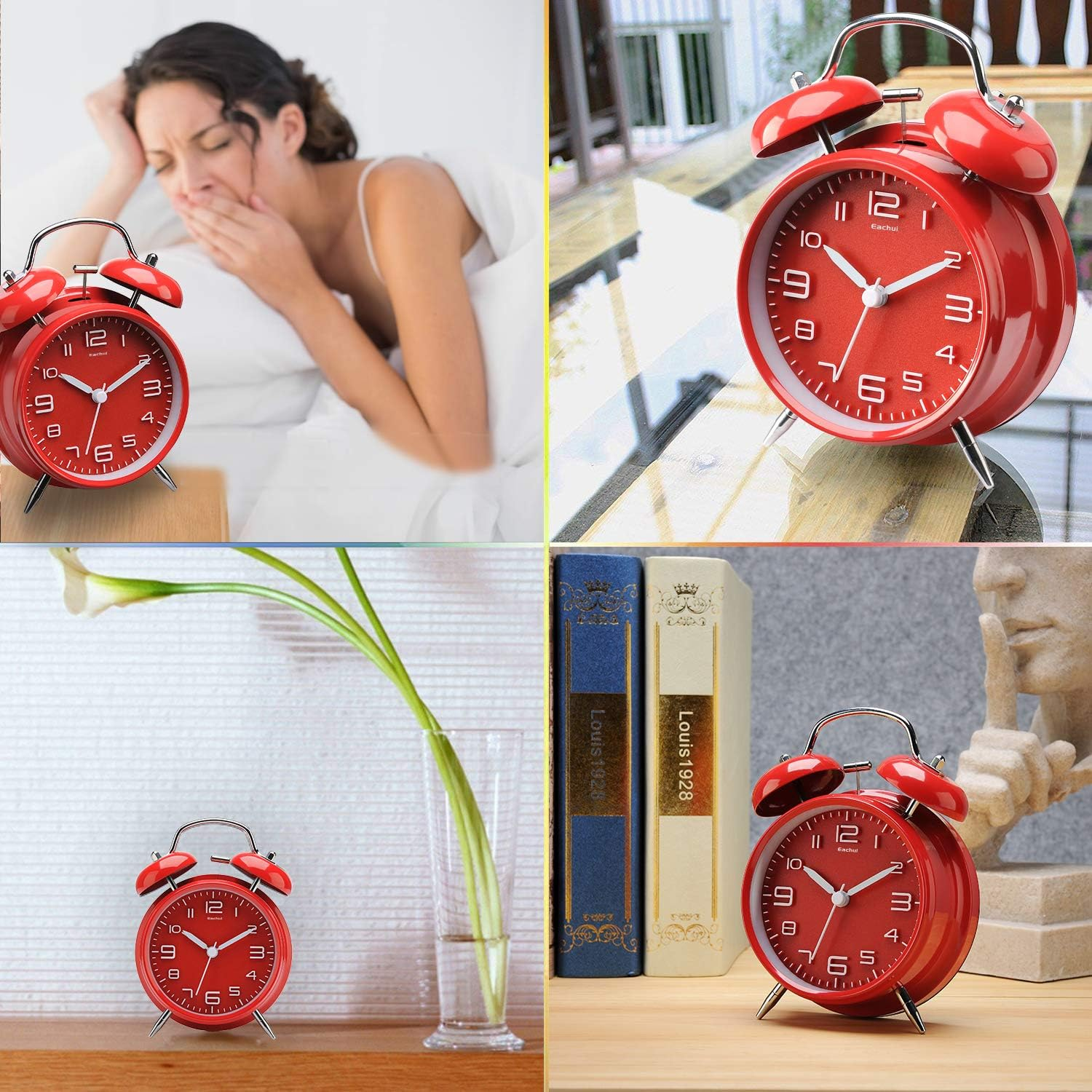 Collage von roten Weckern in verschiedenen Umgebungen: Schlafzimmer, Tisch und Bücher.