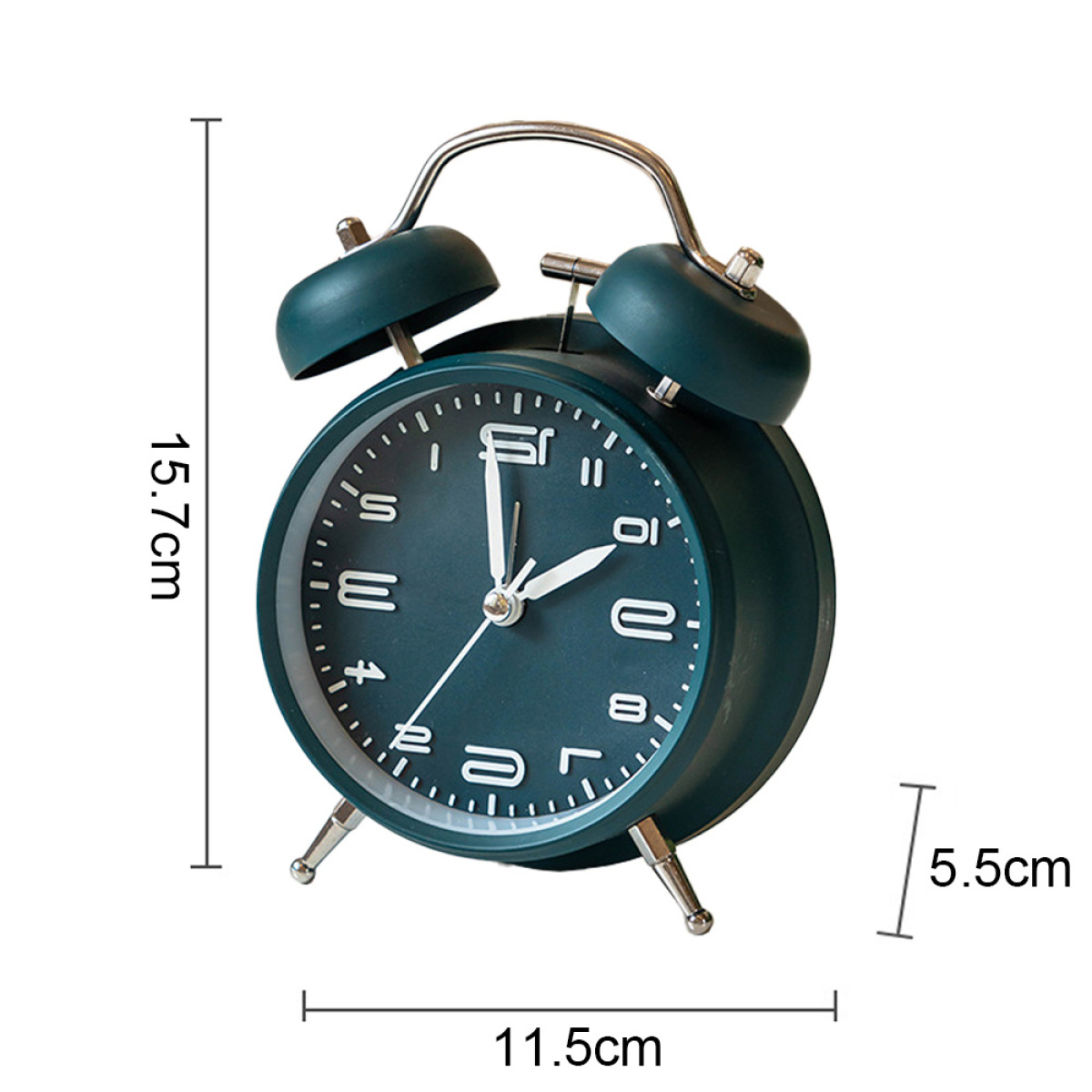Türkisfarbener Wecker mit Maßen: 15,7 cm Höhe, 11,5 cm Breite, 5,5 cm Dicke.