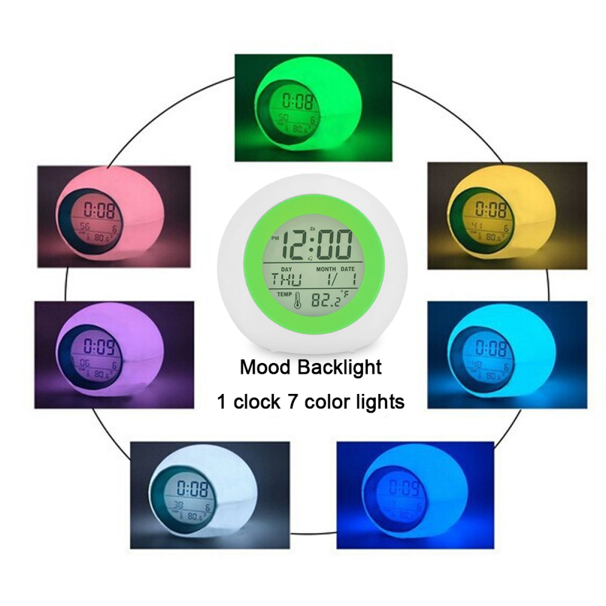 Eine Stimmungs-Hintergrundbeleuchtungs-Uhr, die die Zeit anzeigt, umgeben von bunten Lichtern.
