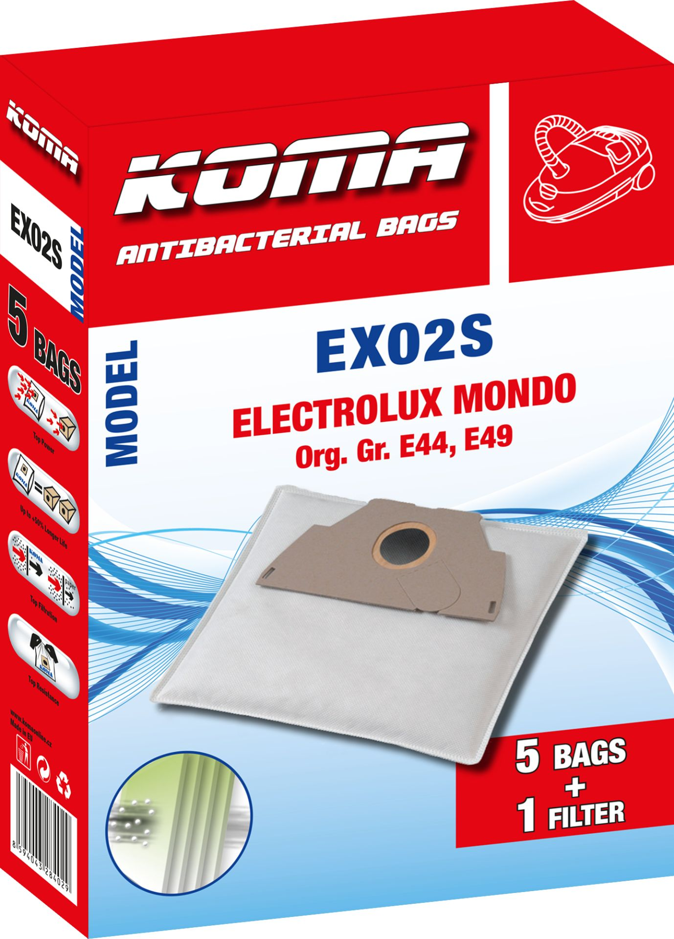 Karton mit Staubsaugerbeuteln. Die Box ist rot, weiß und blau mit Text und Bildern.