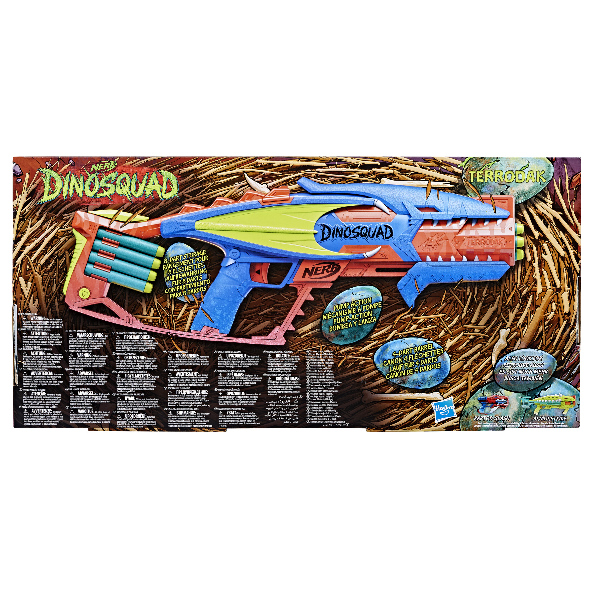 Pistola giocattolo Nerf Dinossquad nella confezione, con uno schema di colori blu, verde e arancione, con testo.