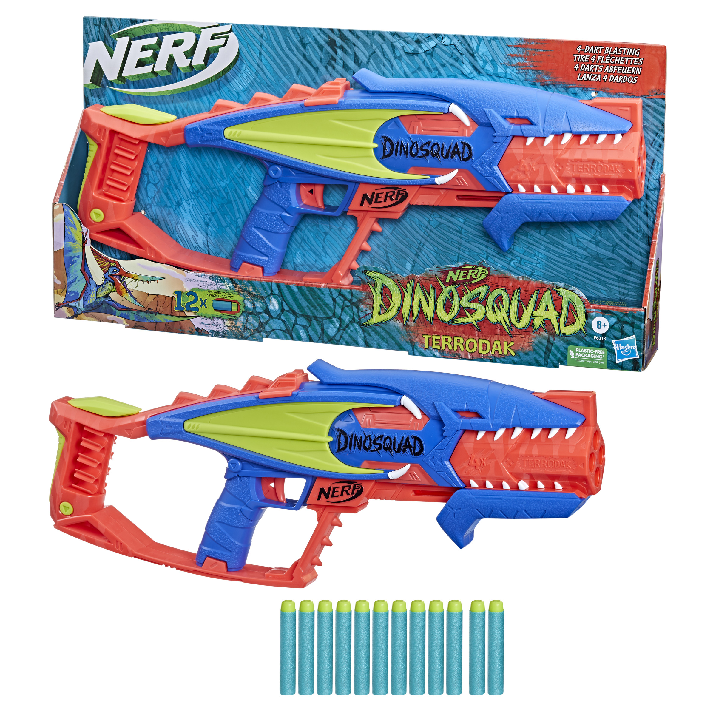 Pistola giocattolo Nerf Dinosquad Terrodak dentro e fuori dalla scatola. Include dardi verdi.