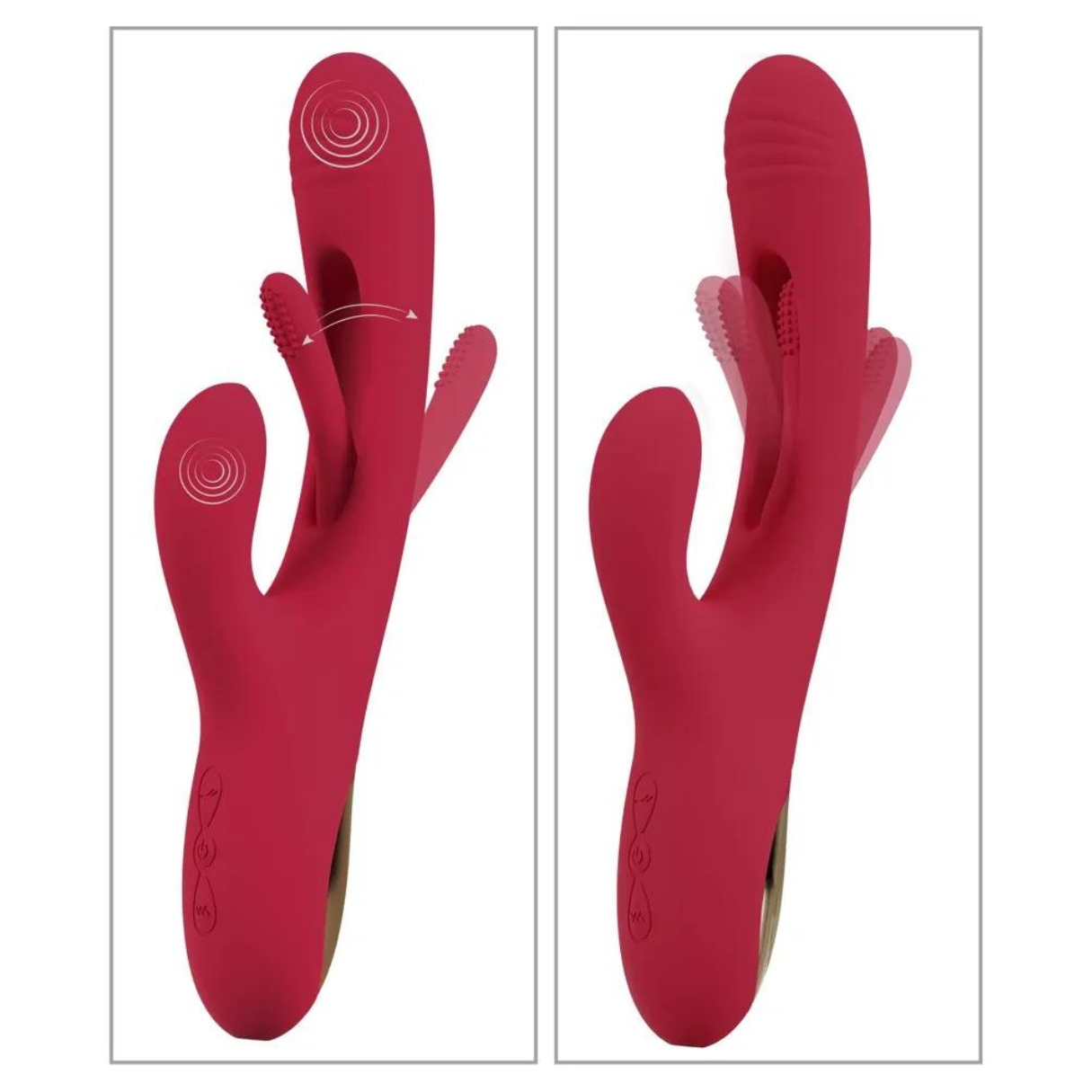 Zwei rote Vibratoren mit strukturierten und abgerundeten Formen, positioniert, um verschiedene Oberflächendetails zu zeigen, vor weißem Hintergrund.