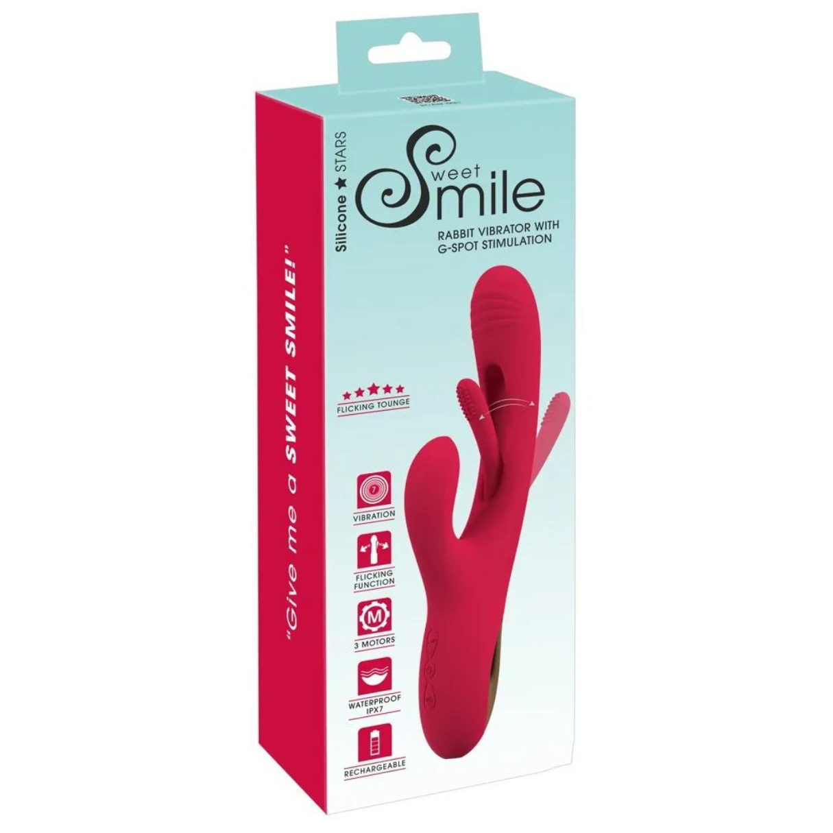 Verpackter pinkfarbener und roter Vibrator mit hasenähnlichem Kopf. Merkmale auf der Verpackung.