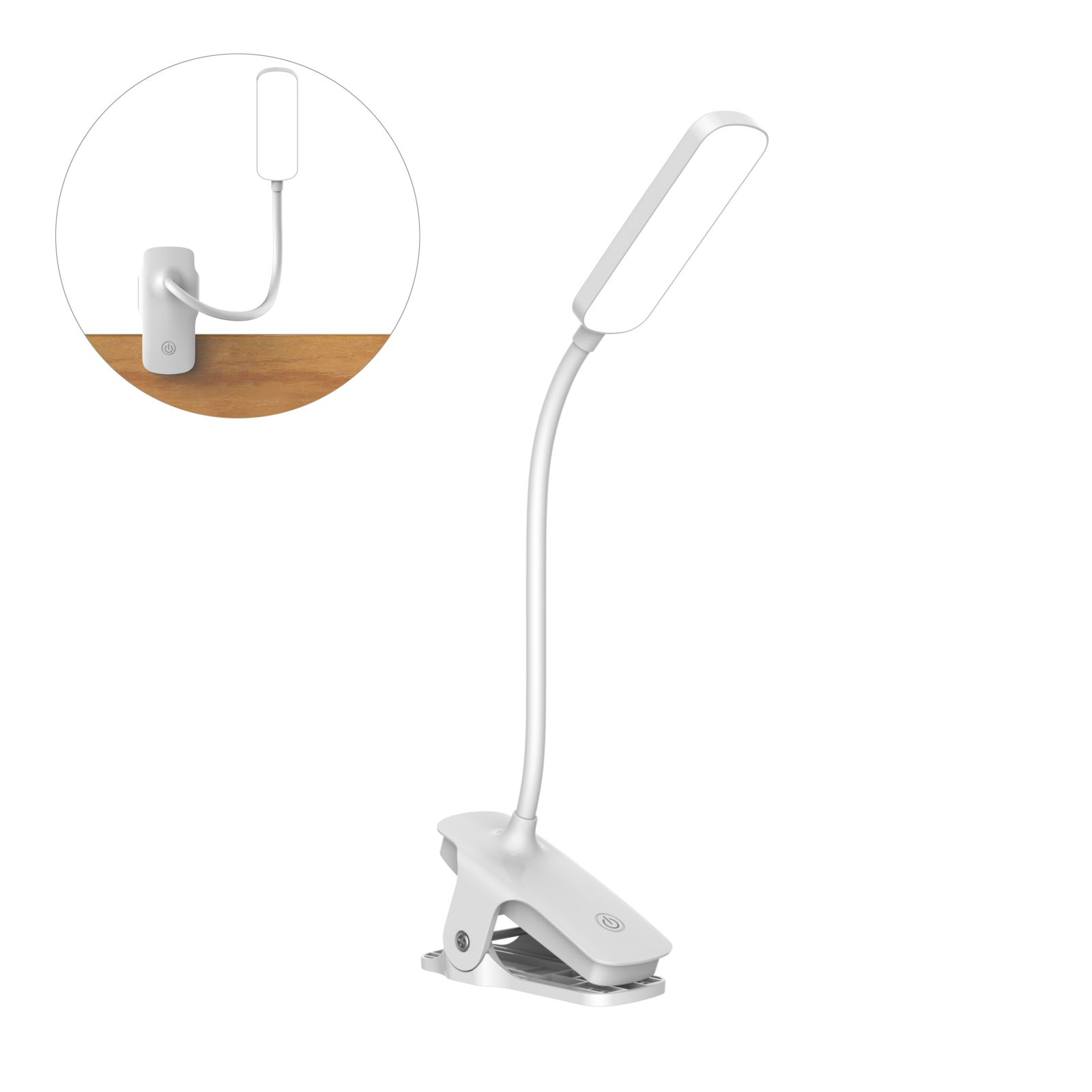 Weiße Klemm-Schreibtischlampe mit flexiblem Arm und Lichtpanel.