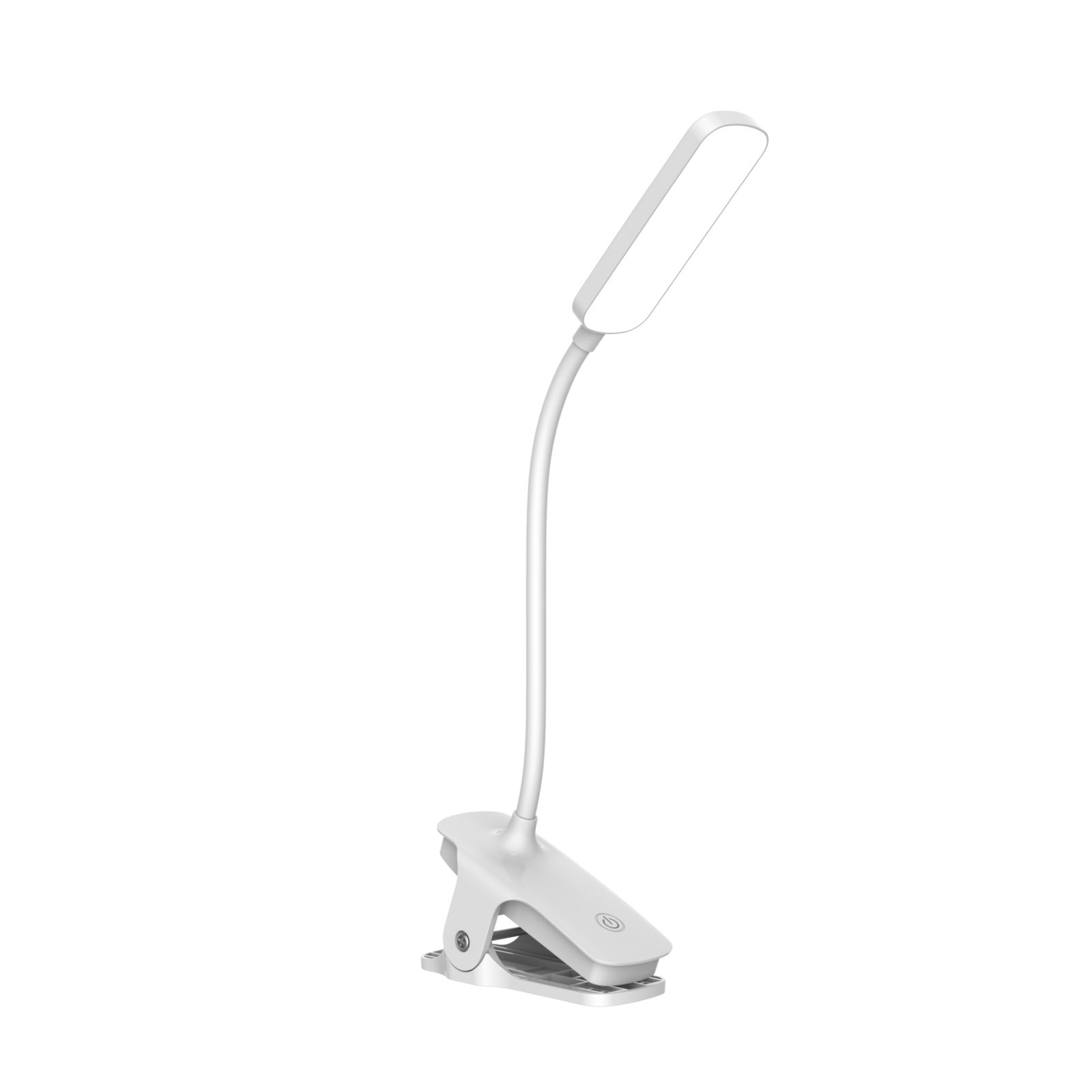 Weiße Clip-On-LED-Lampe. Flexibler Hals, verstellbar. Auf weißem Hintergrund.