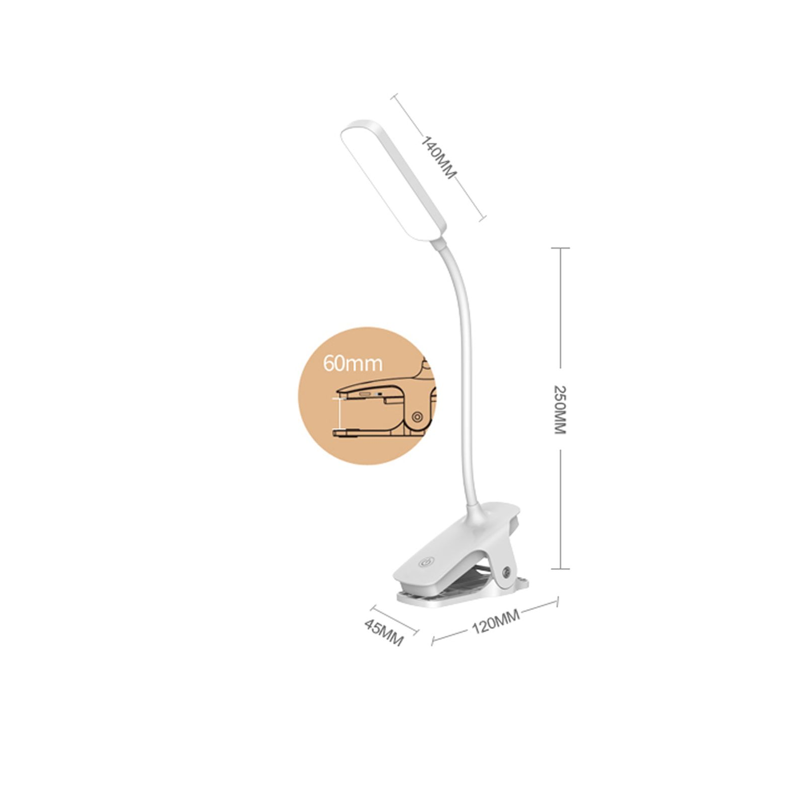 Weiße LED-Schreibtischlampe mit flexiblem Hals und Clip-Basis, Abmessungen sichtbar. Weißer Hintergrund.