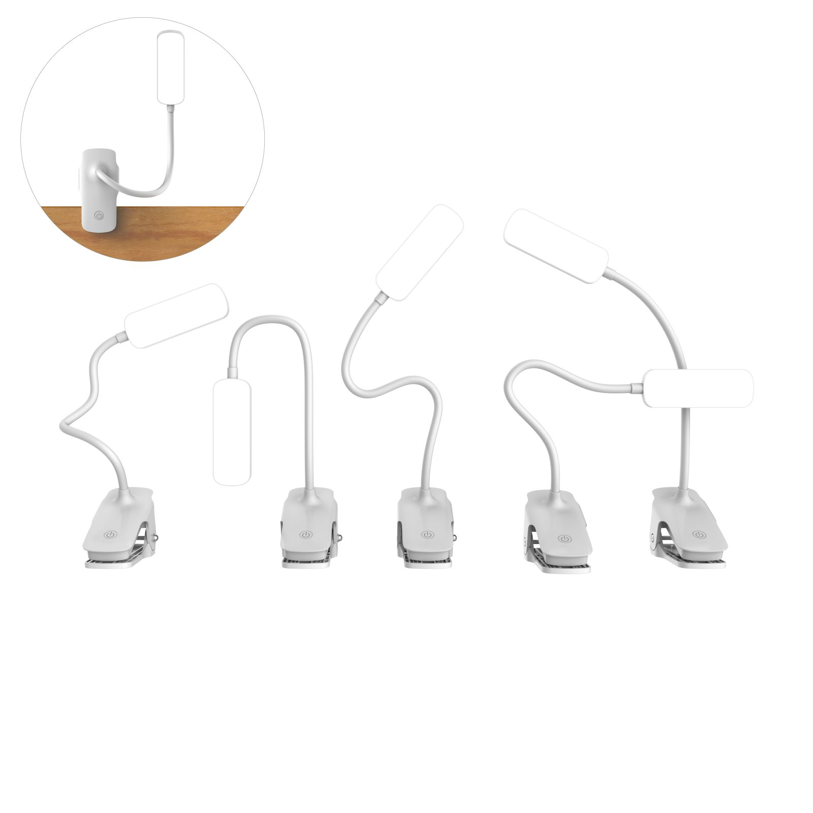 Fünf weiße Schreibtischlampen in verschiedenen Positionen. Jede Lampe hat einen flexiblen Hals und eine Clipbasis.