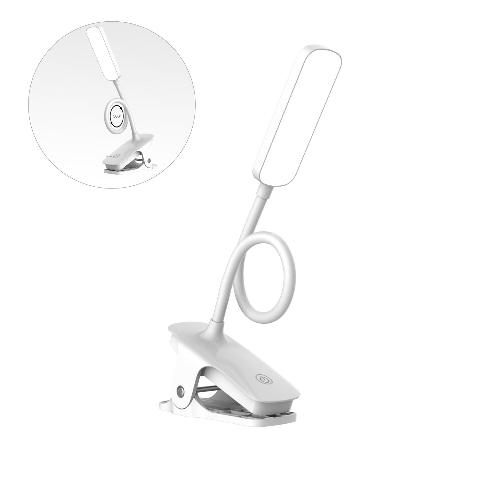 Weiße Klemm-Schreibtischlampe mit flexiblem Hals und eine Einsetzung mit eingeschaltetem Licht.