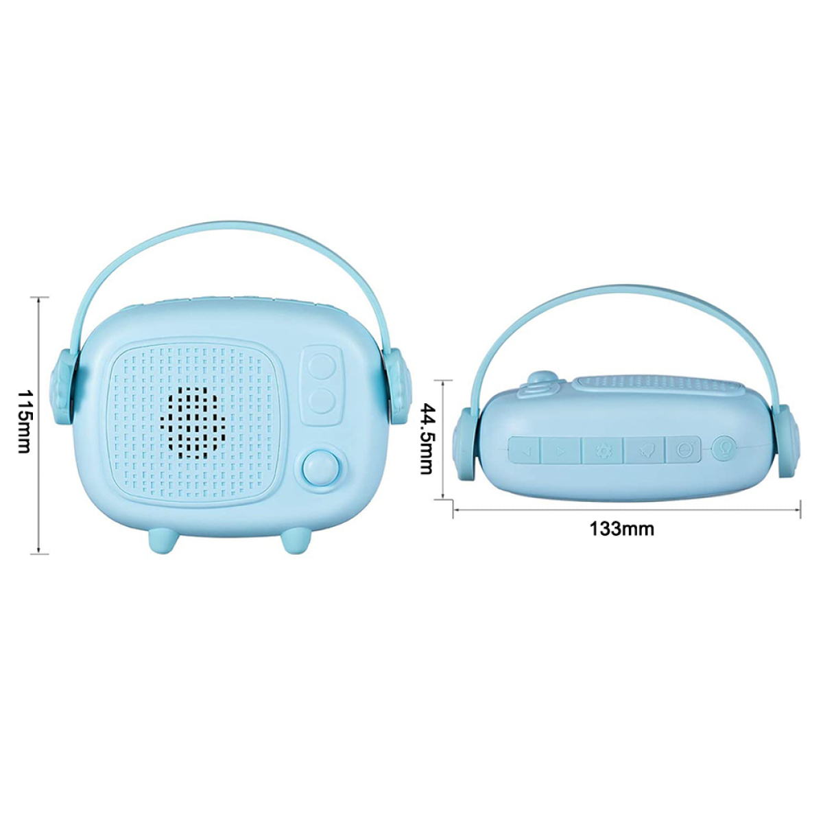 Blaue, kastenförmige Radio mit Griff, Abmessungen 115 mm x 133 mm, mit Bedientasten und Lautsprechern.