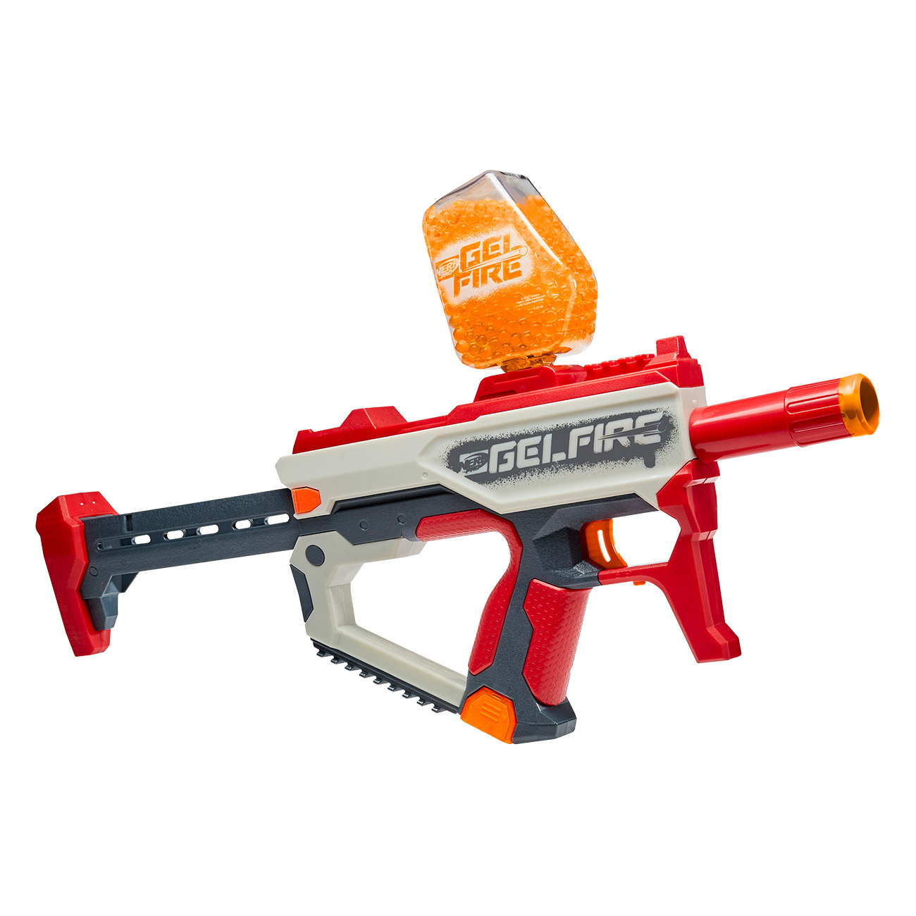 Rote, weiße und schwarze Nerf-Pistole mit orangefarbenem Gelkugeln-Behälter. Verfügt über einen roten Griff und Schaft.