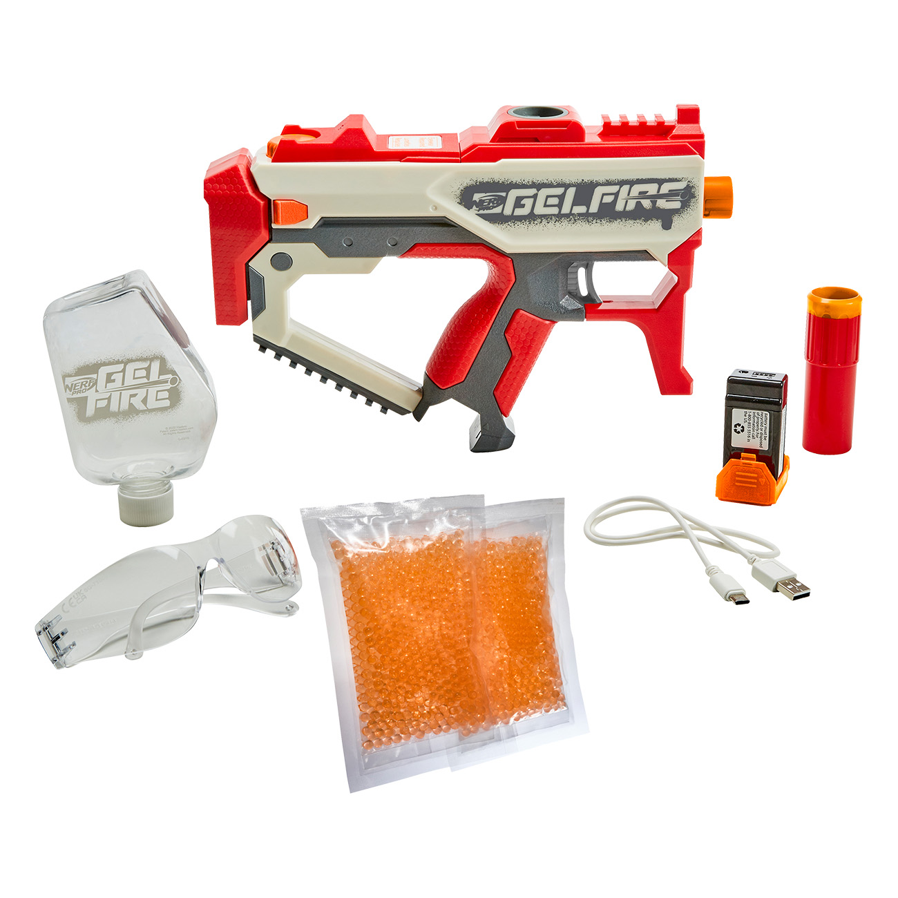 Nerf GelFire-Pistole mit Zubehör: Gelkugeln, Schutzbrille, USB-Kabel und Batterieladegerät.