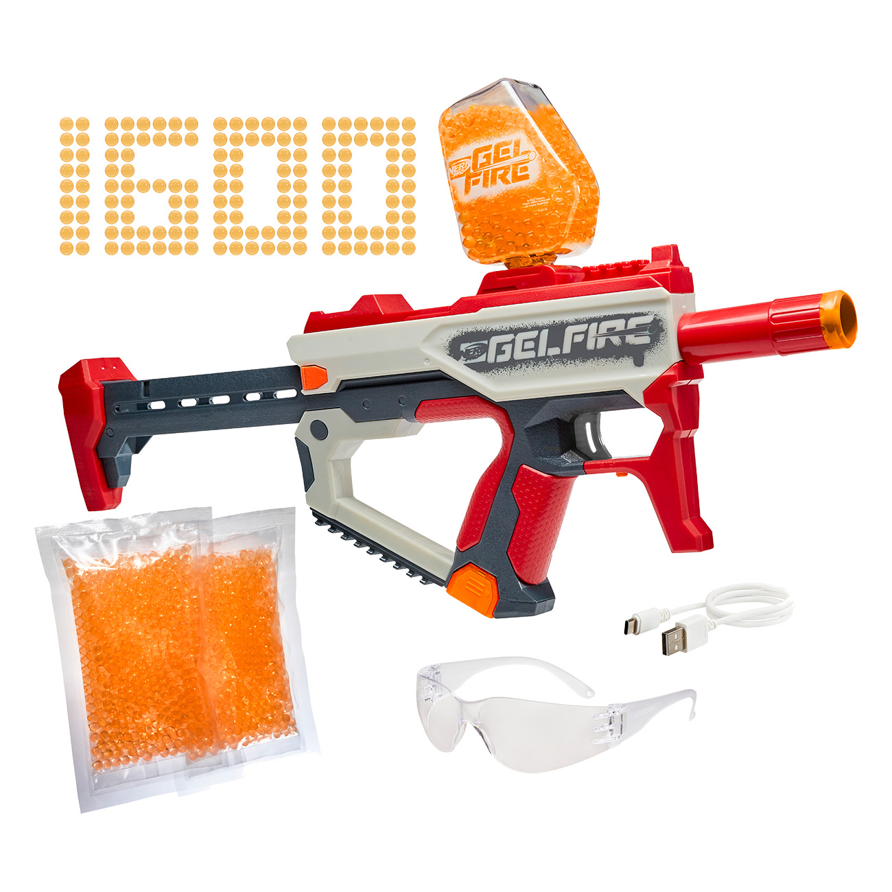 Eine rot-weiße Gel-Blaster-Pistole mit Zubehör auf weißem Hintergrund.