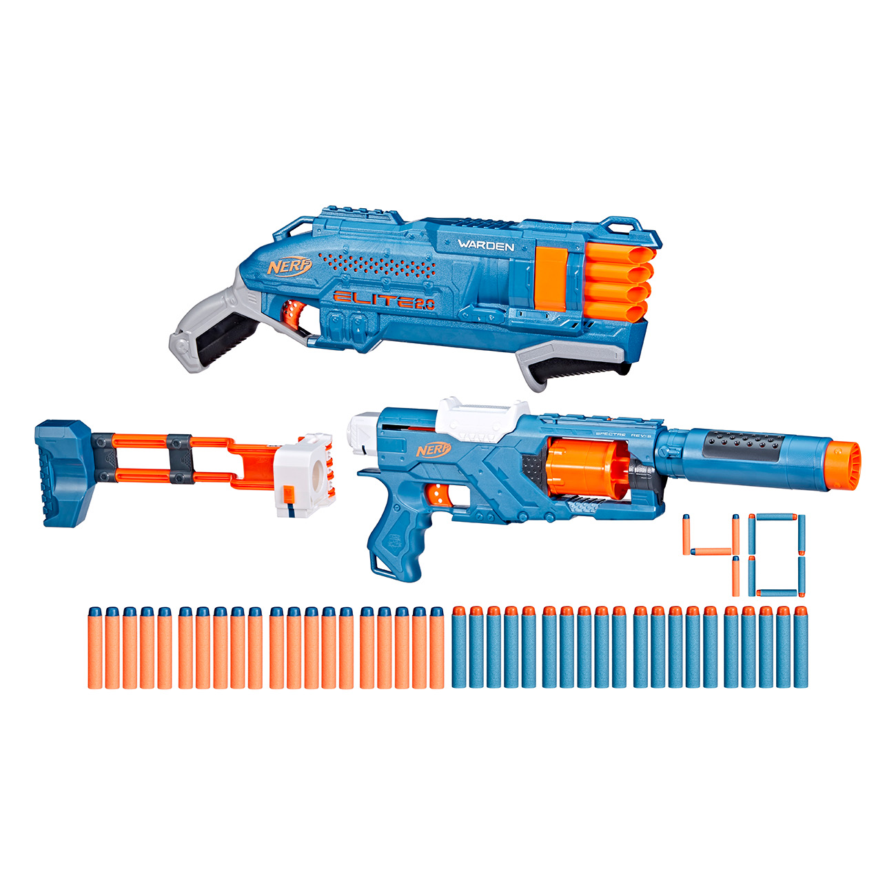 Nerf Elite 2.0 Warden pistola y accesorios, incluyendo dardos, con esquema de color azul y naranja.