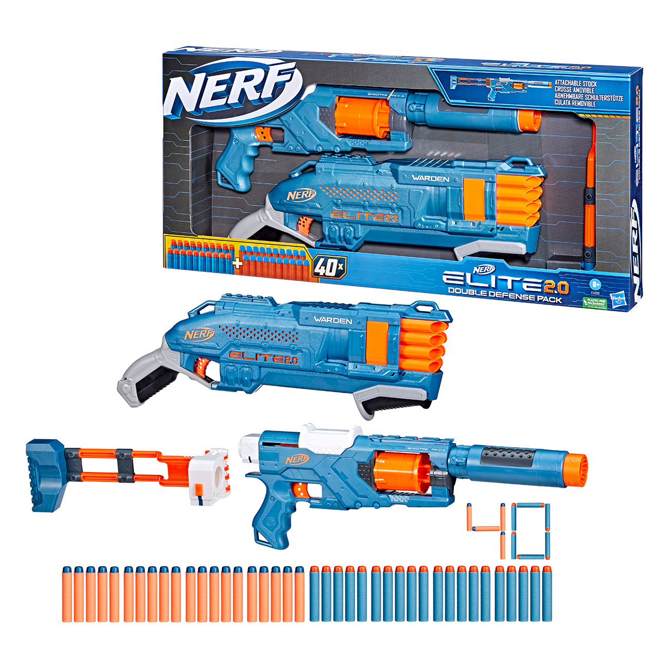 Mehrere Nerf-Gewehre und Darts in einer Box, zusammen mit zerlegten Teilen.