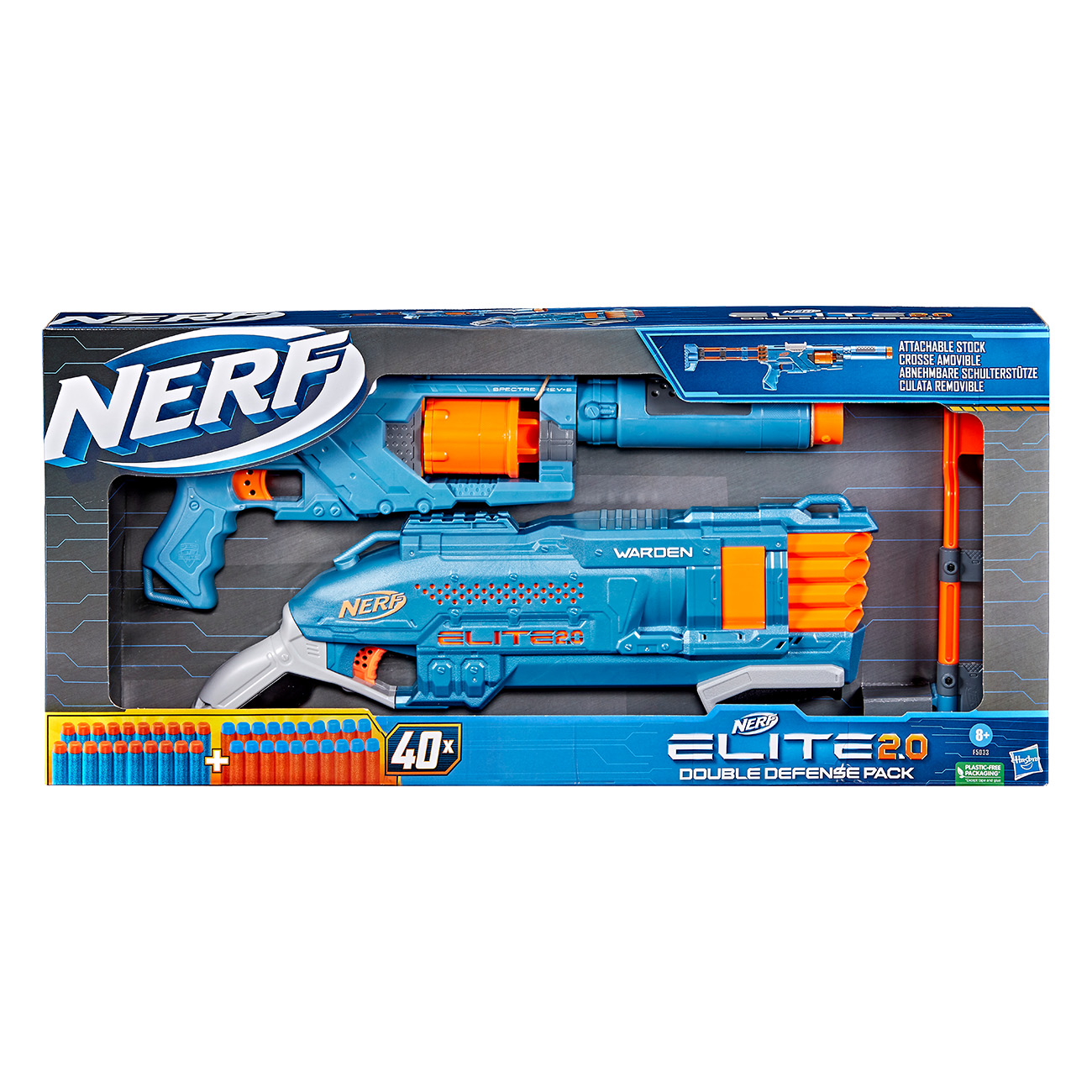 Ein Nerf Elite 2.0 Double Defense Pack in einer Box. Die Box ist blau und enthält zwei Spielzeugpistolen und Darts.