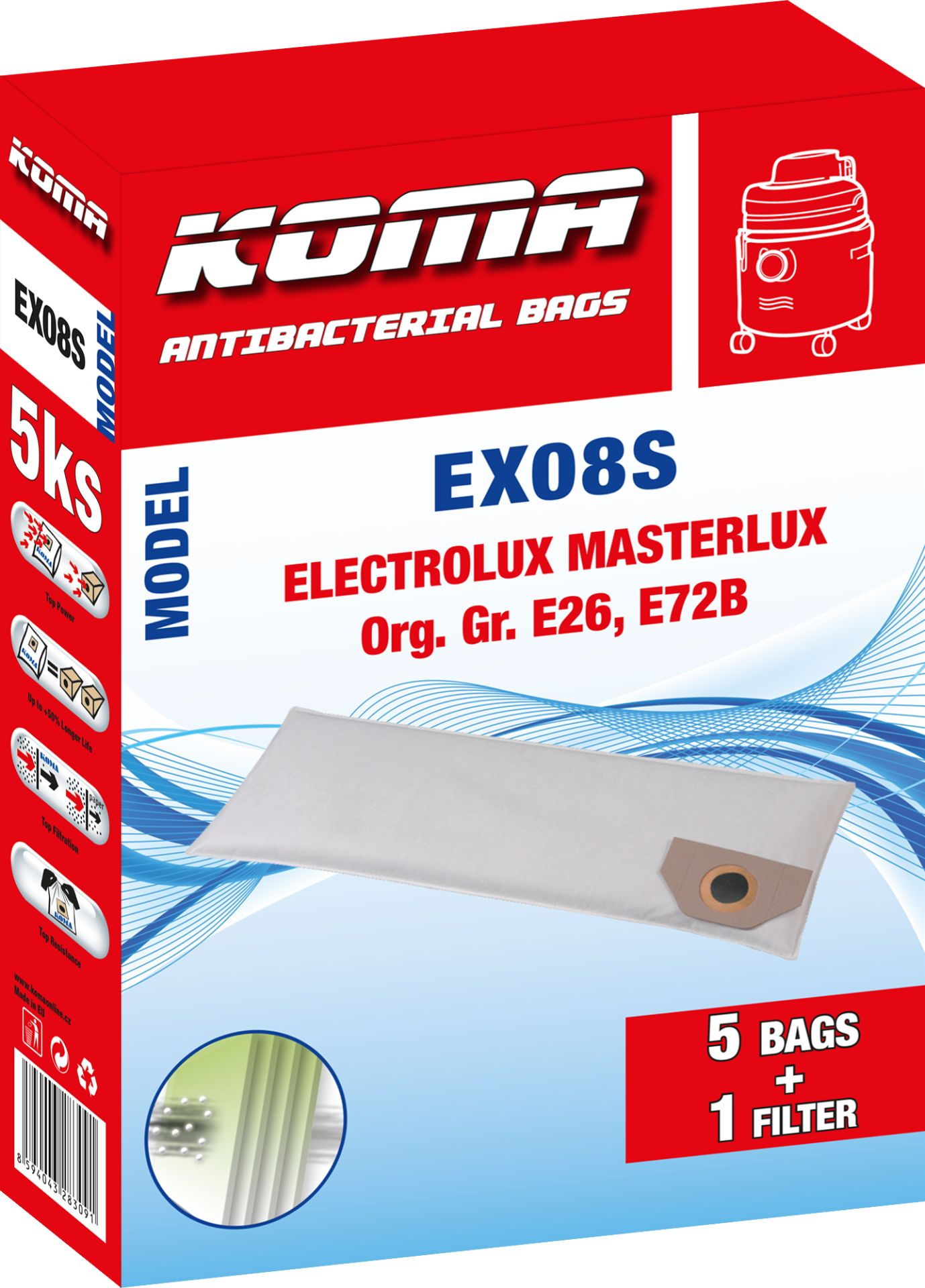 Staubsaugerbeutel-Verpackung. Rote und weiße Box mit Staubsaugerbild.
