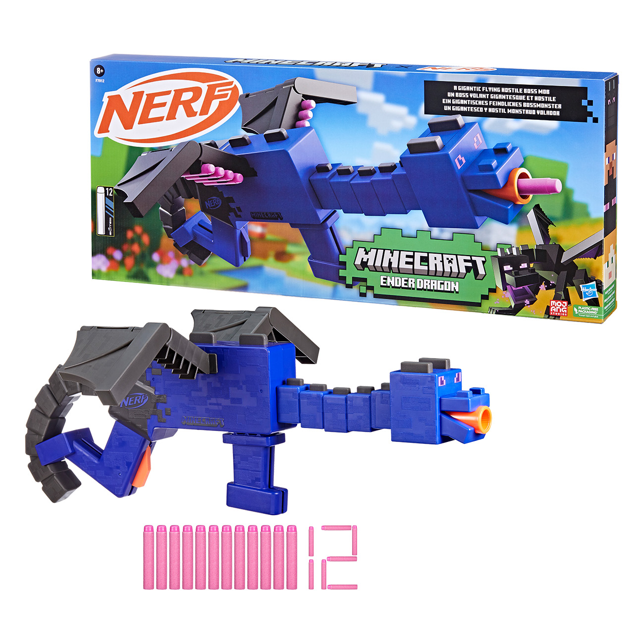 Blaster giocattolo Nerf Minecraft Ender Dragon con scatola e 12 dardi rosa, su sfondo bianco.