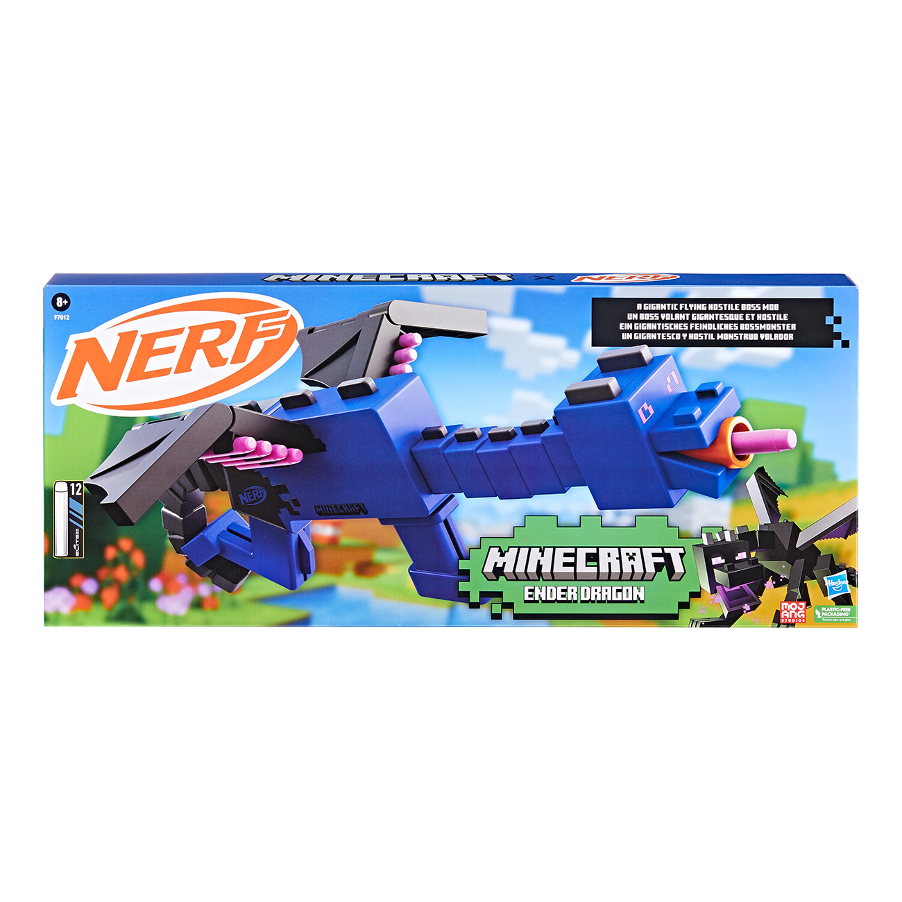 Scatola dei giocattoli Nerf Minecraft Ender Dragon. La pistola giocattolo è blu e rosa, con un'immagine di drago sulla scatola.