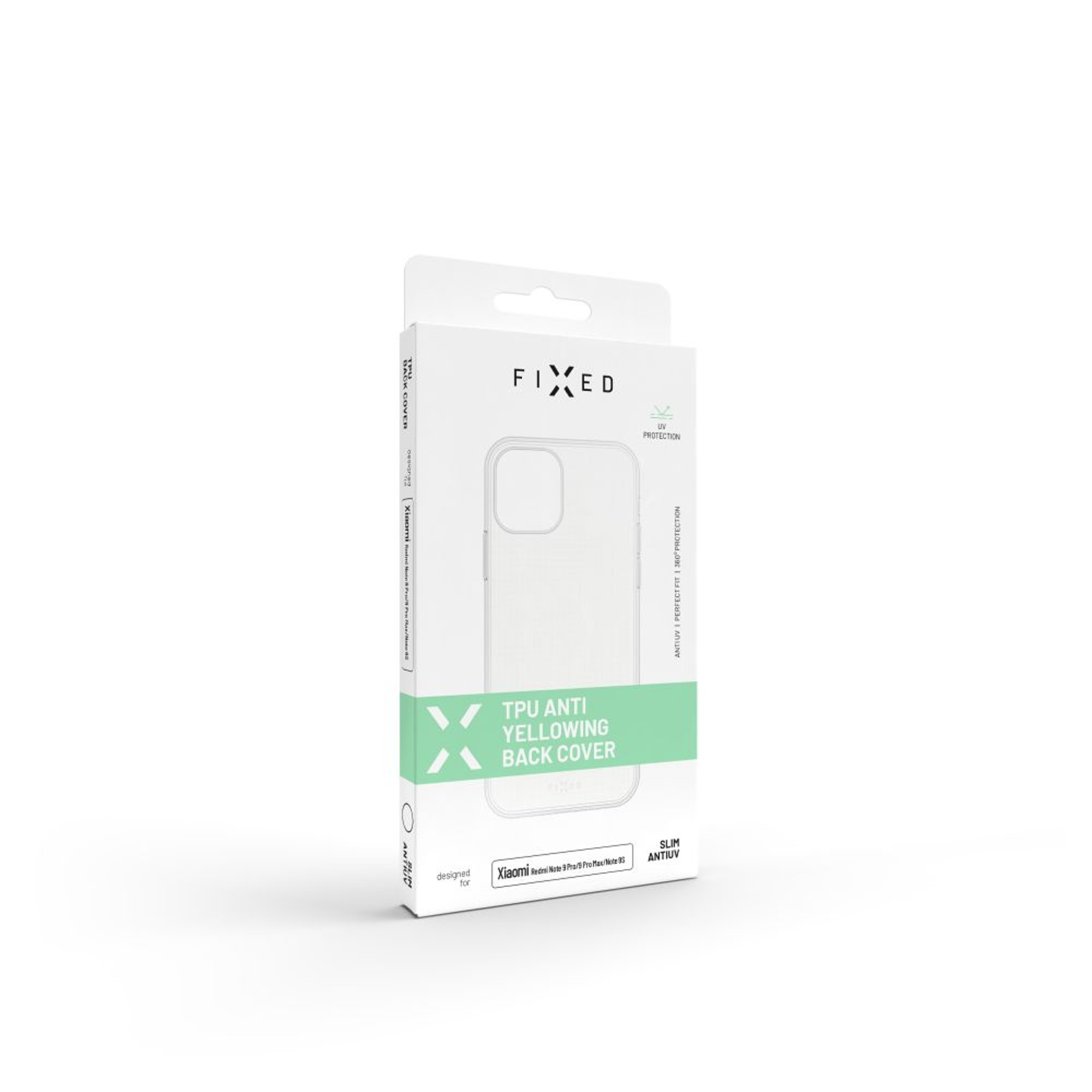 Weiße Telefonhülle-Box mit einer transparenten Telefonhülle darin.
