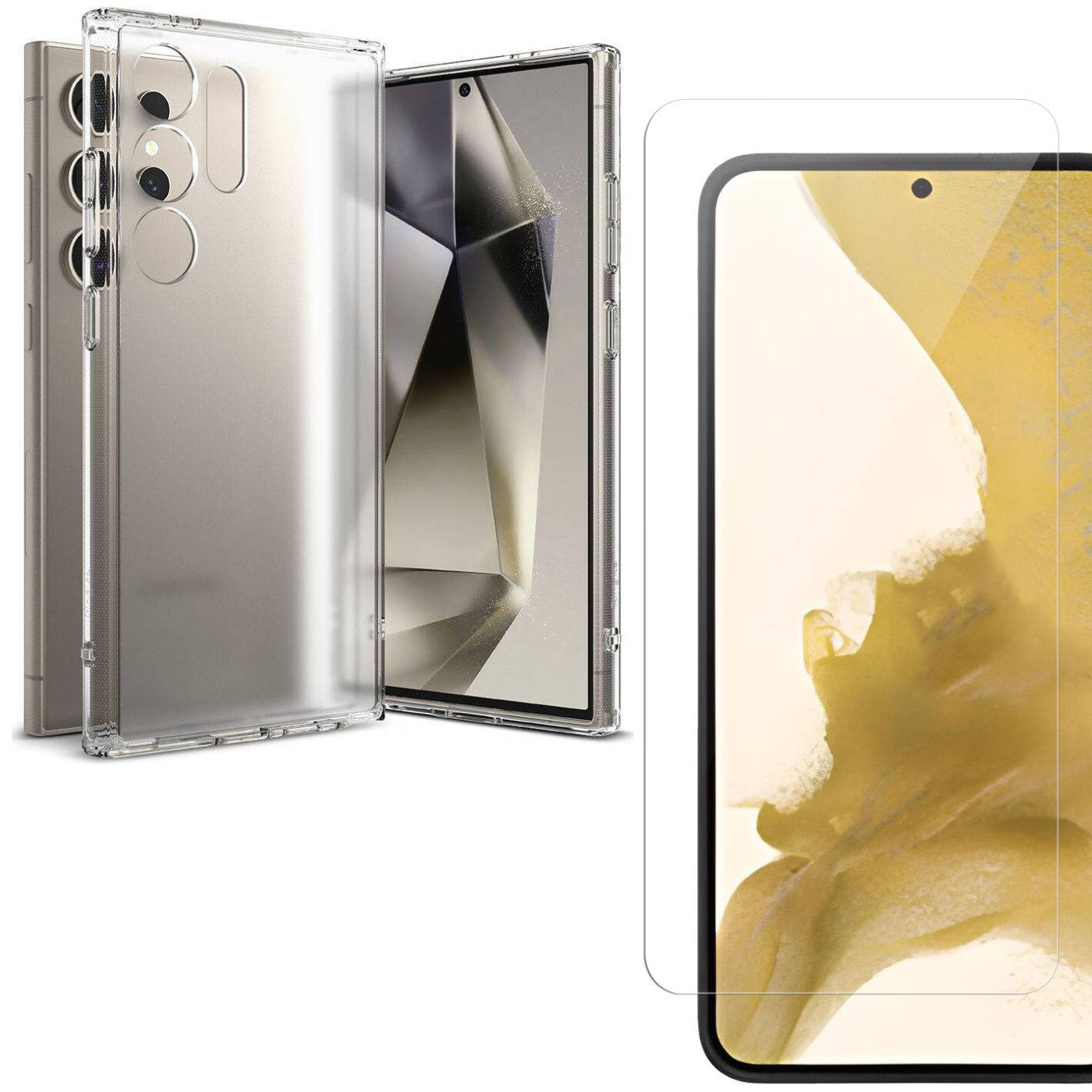 Smartphone con protezione schermo e cover trasparente. Il telefono mostra un design astratto colorato.