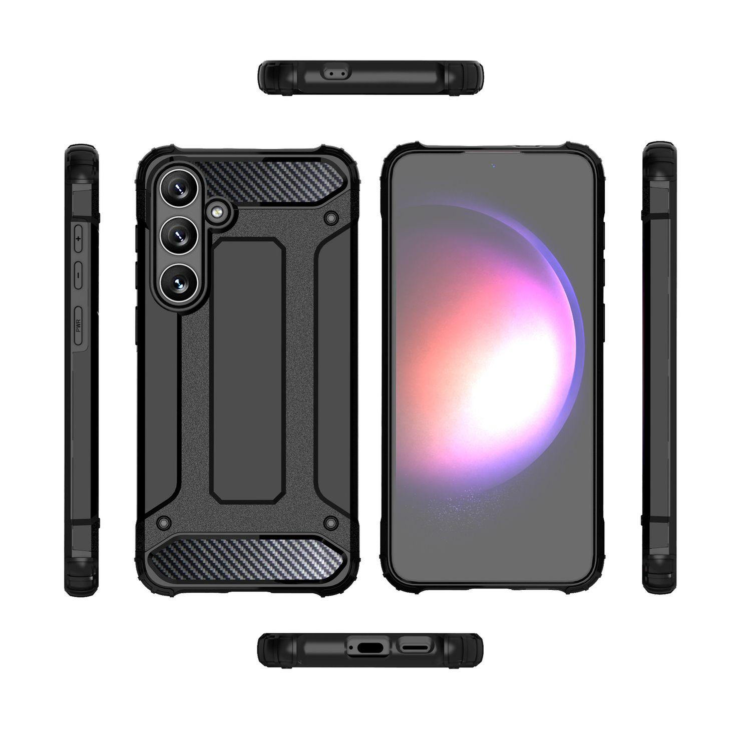 Custodia per telefono nera. La custodia ha una fotocamera ed è su sfondo bianco. Vengono mostrate varie viste.
