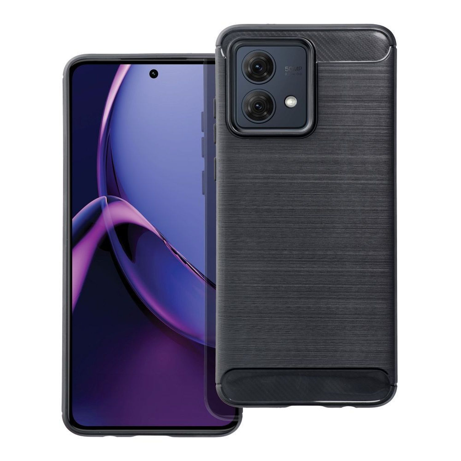 Eine schwarze Handyhülle mit einem Telefon links.