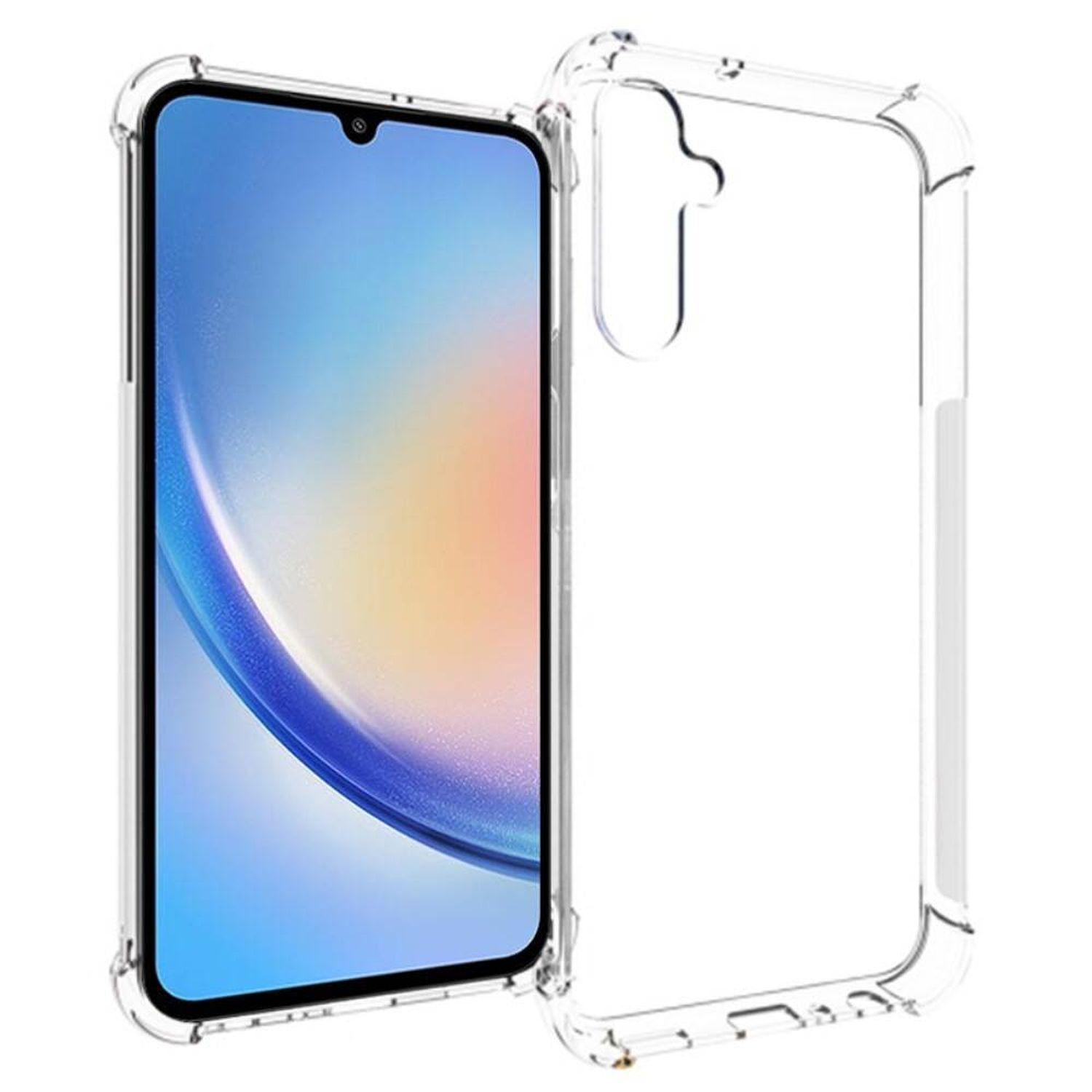 Eine transparente Handyhülle mit einem Telefon darin. Das Telefon hat einen blauen Bildschirm. Die Hülle ist transparent.