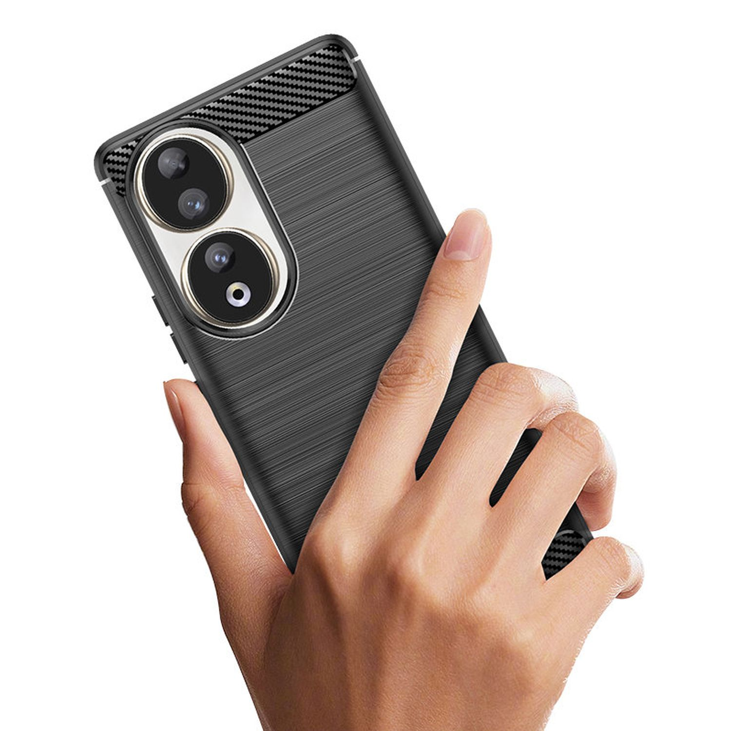Mano che tiene custodia nera con obiettivi a doppia fotocamera.