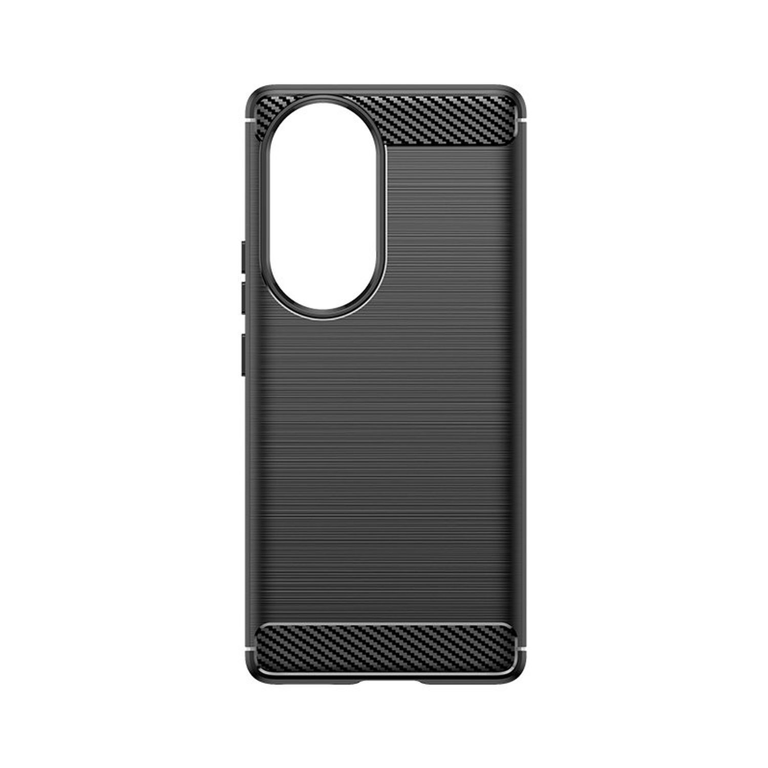Una custodia nera per telefono con un design in fibra di carbonio intorno alla fotocamera e ai bordi superiori/inferiori. Ha una finitura strutturata.