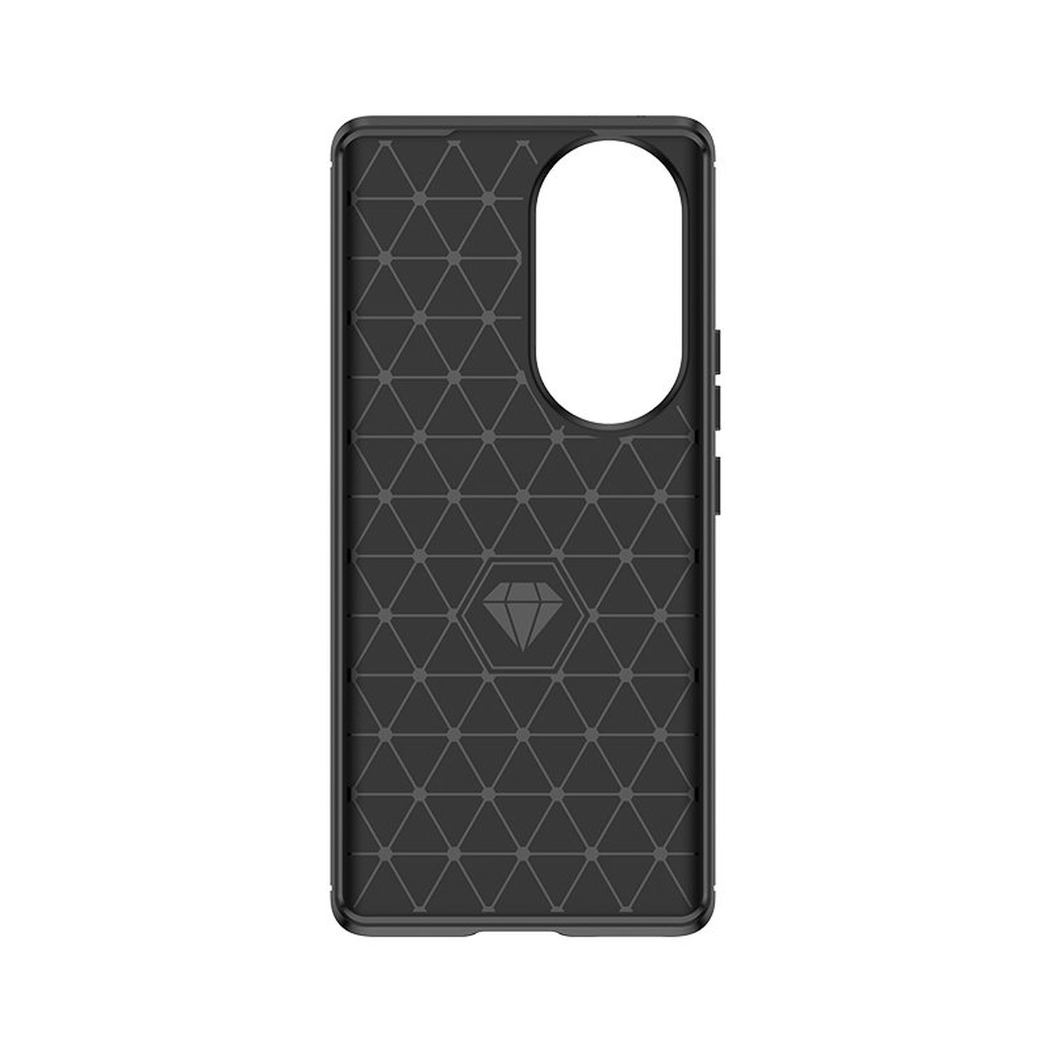 Vista interna di una custodia per telefono nera con design geometrico e logo a diamante.