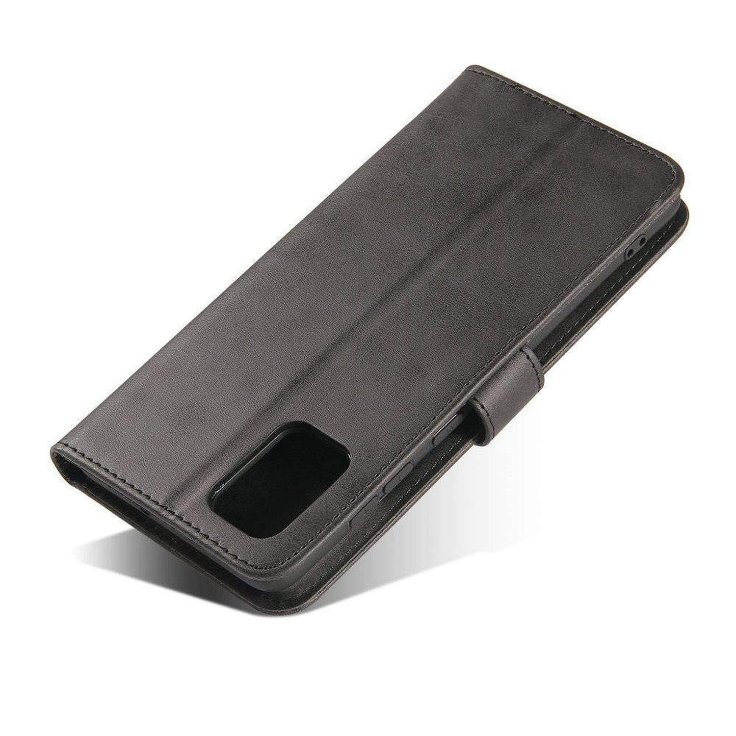 Custodia del telefono nera aperta, che rivela un telefono. Sfondo bianco.
