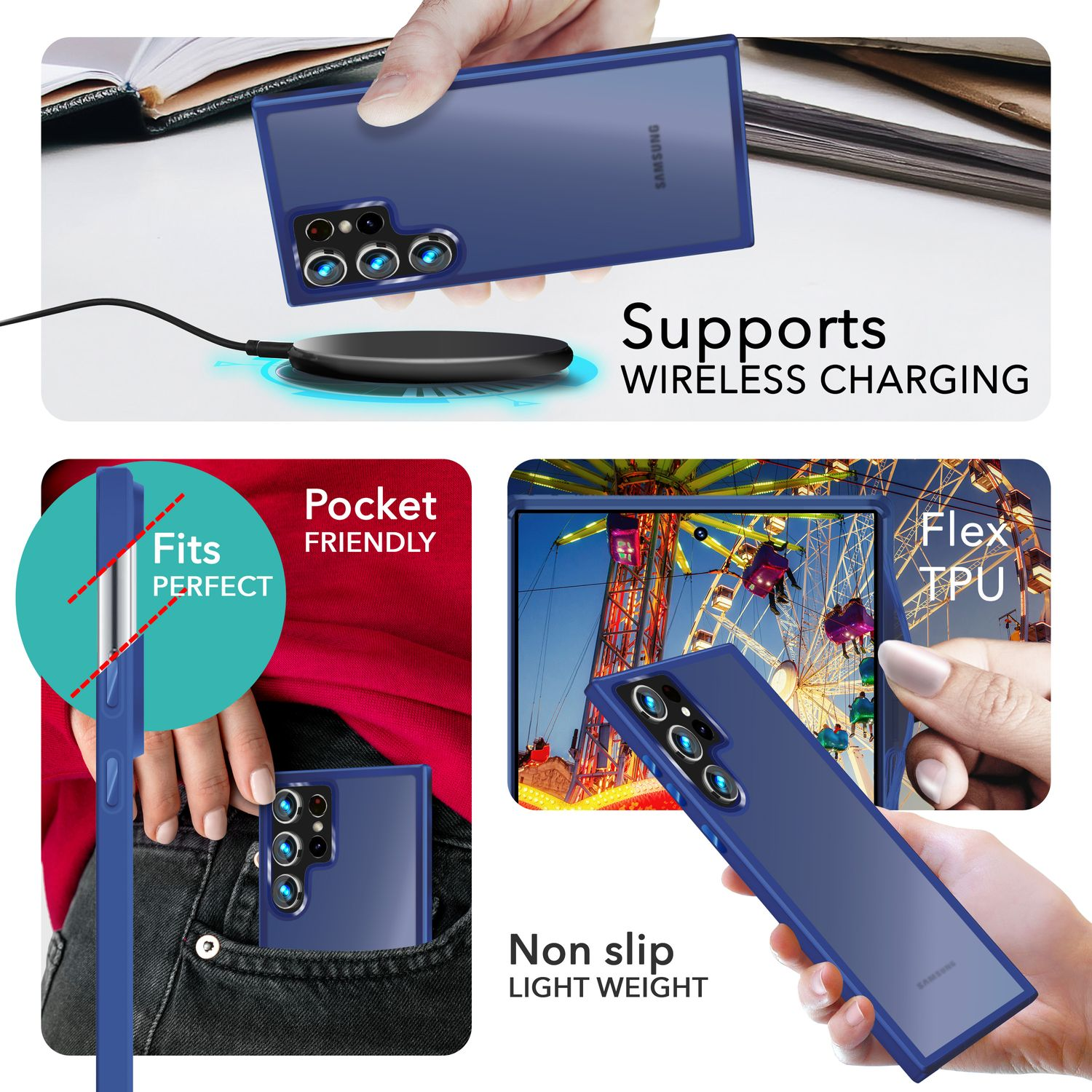 Blaue Handyhülle, das Handy in der Hand, in der Tasche und auf dem kabellosen Ladegerät.