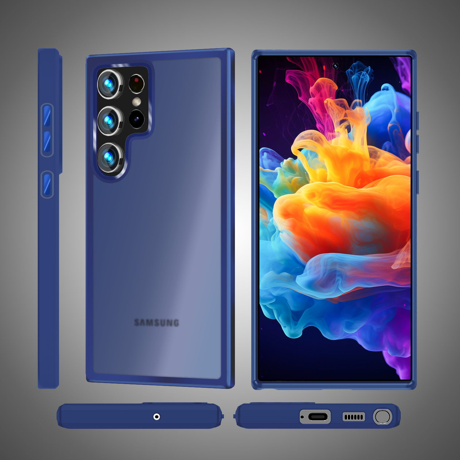 Ein Telefon in einer blauen Hülle, mit verschiedenen Ansichten des Telefons. Das Telefon ist in der blauen Hülle.