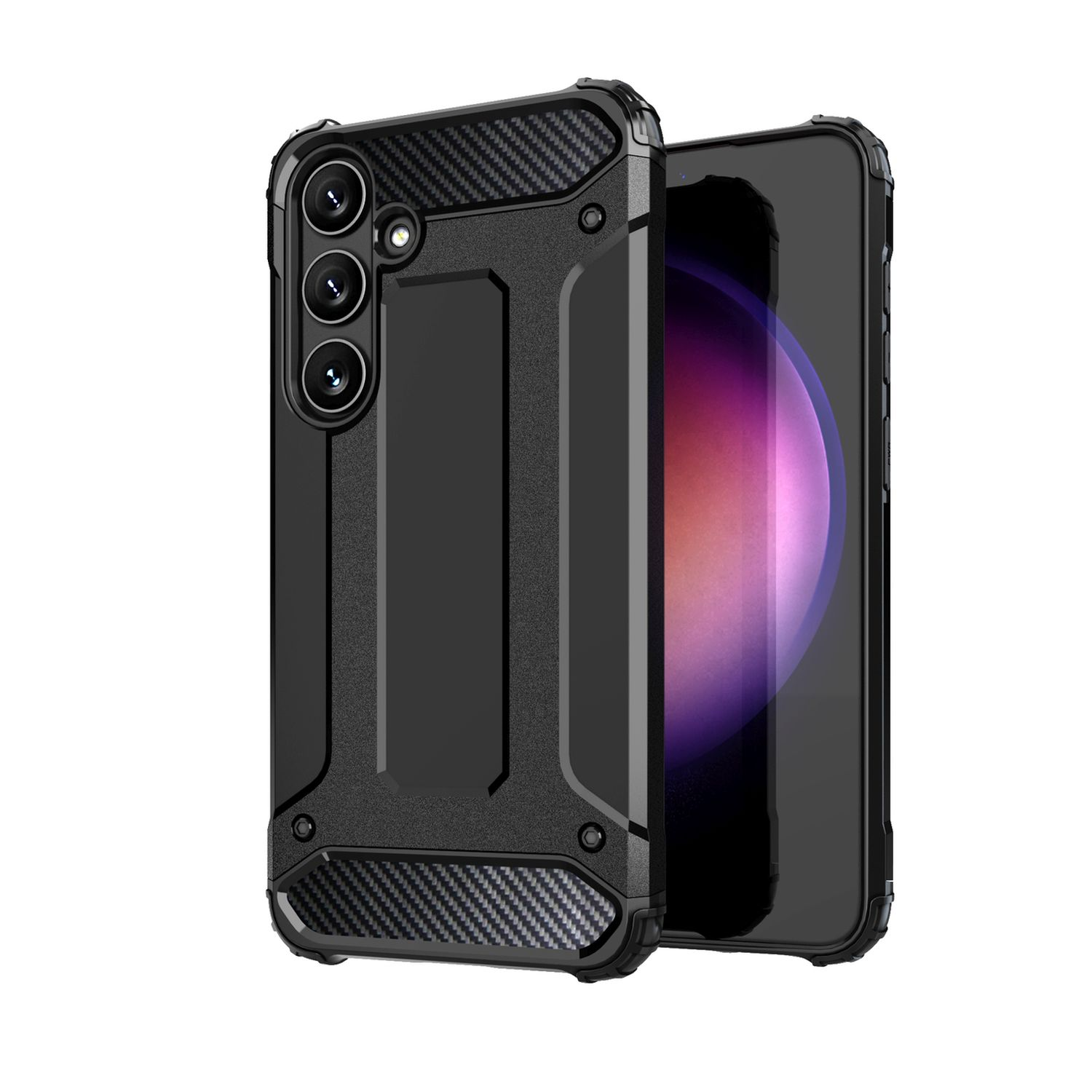 Custodia per telefono nera con telefono all'interno. Custodia dal design robusto con fotocamera.