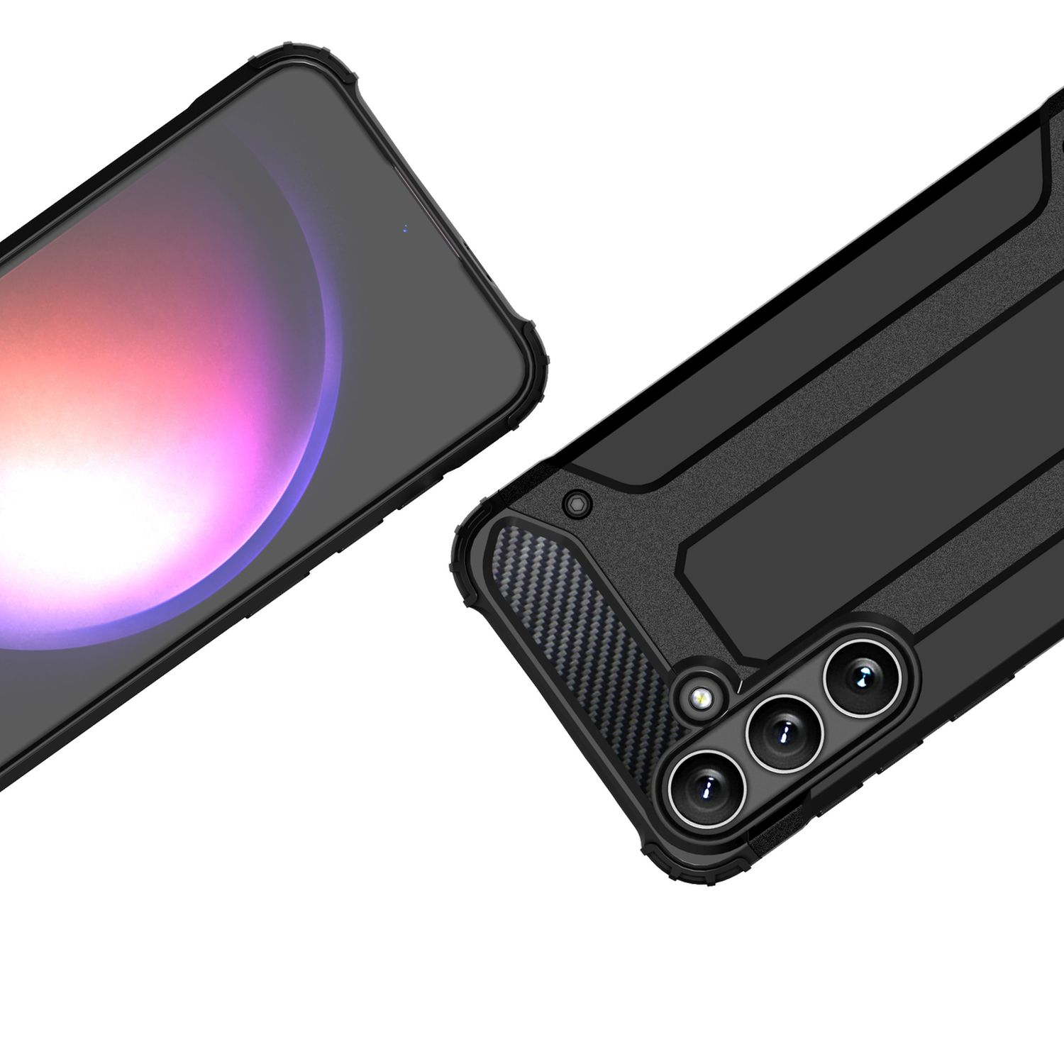 Due custodie per telefono, una su un telefono. L'altra custodia è vuota. Colore nero.