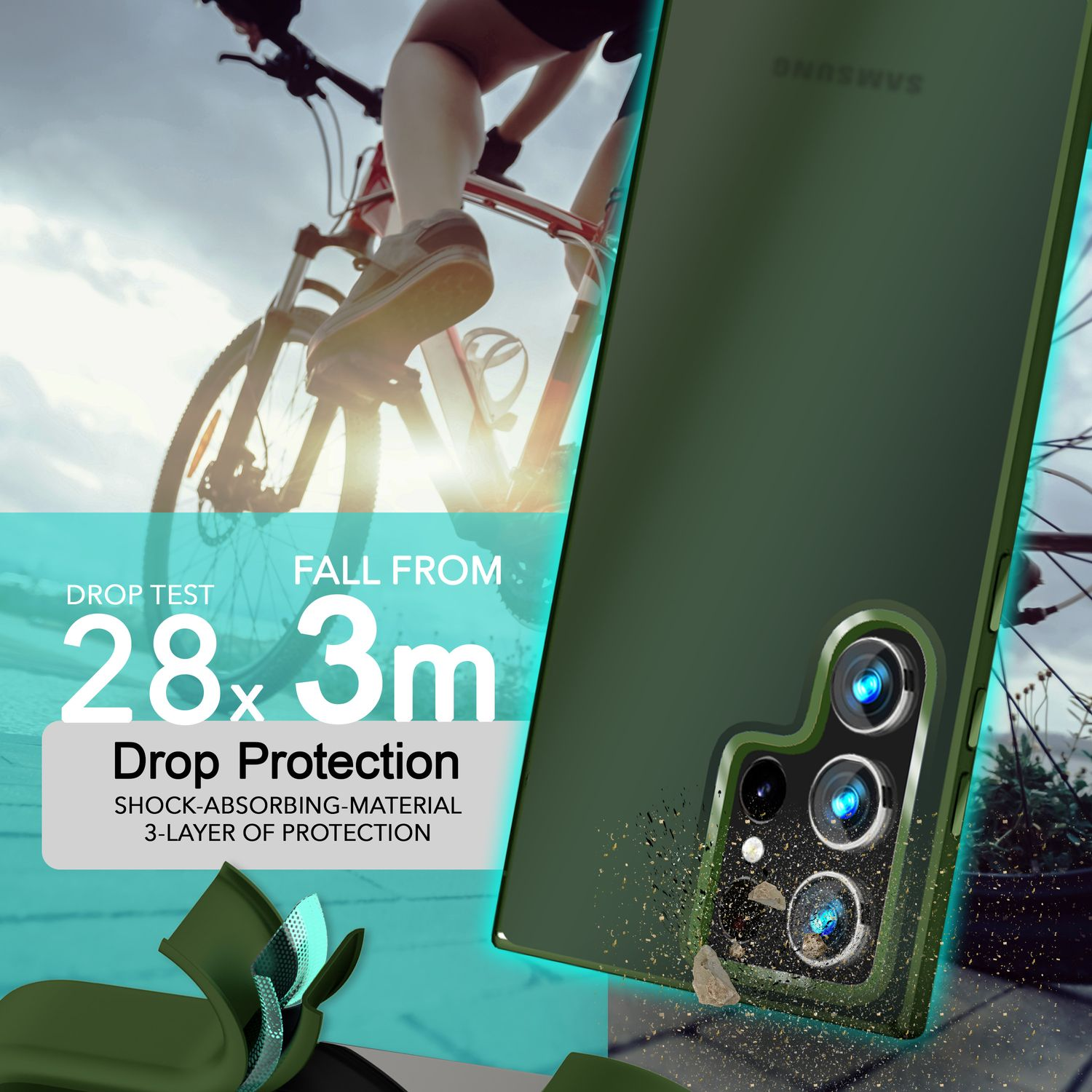 Eine grüne Handyhülle, die ein Telefon schützt, mit Fahrrad im Hintergrund. Falltestdaten werden angezeigt.