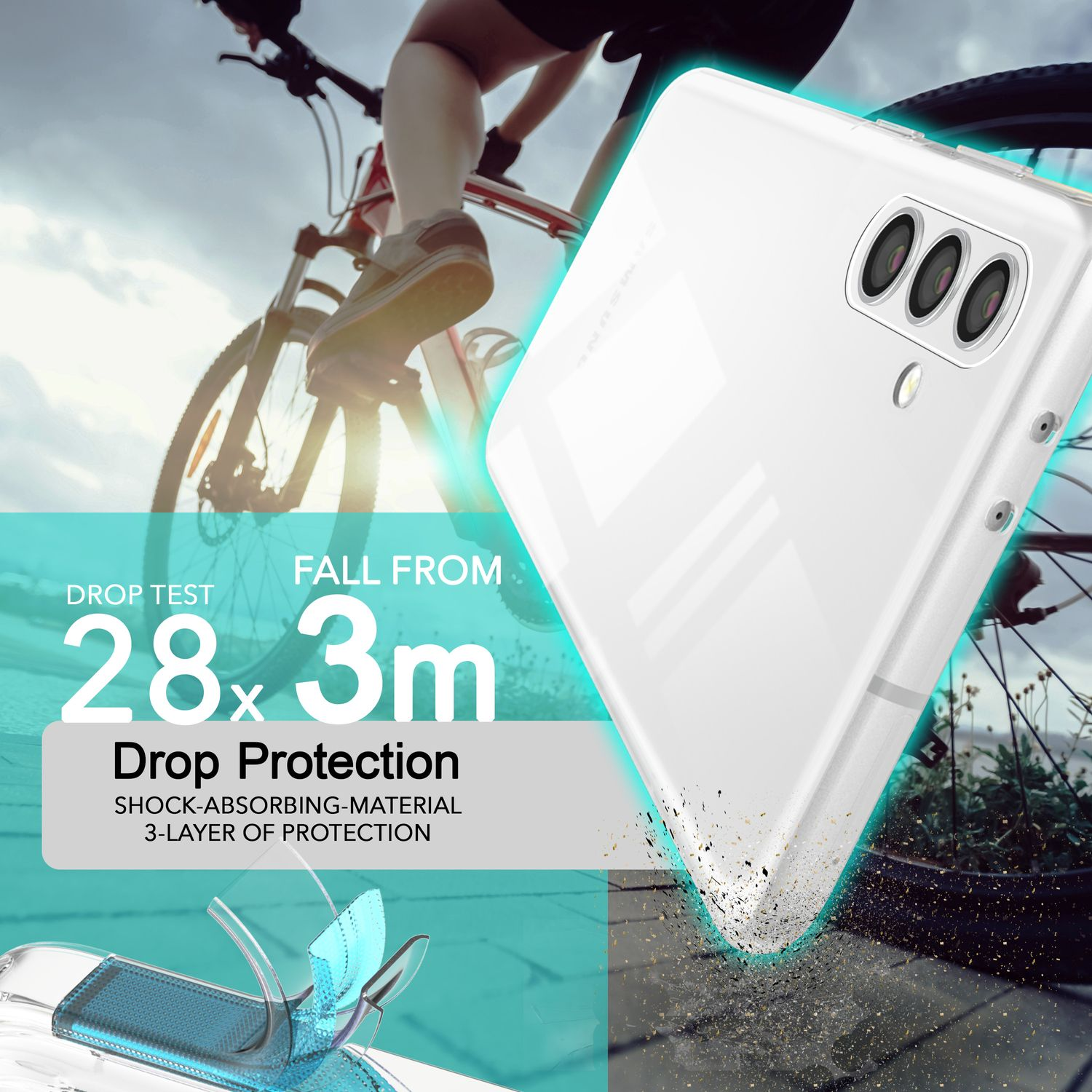 Coque de téléphone blanche avec un vélo en arrière-plan. Données de test de chute : Protection contre les chutes 28x3m.