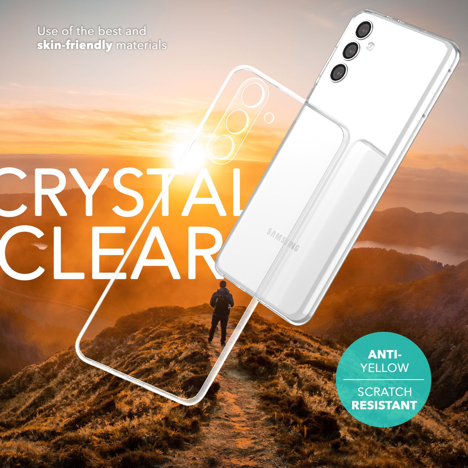 Coque de téléphone transparente sur un téléphone avec du texte, et une personne marchant sur un sentier de montagne.