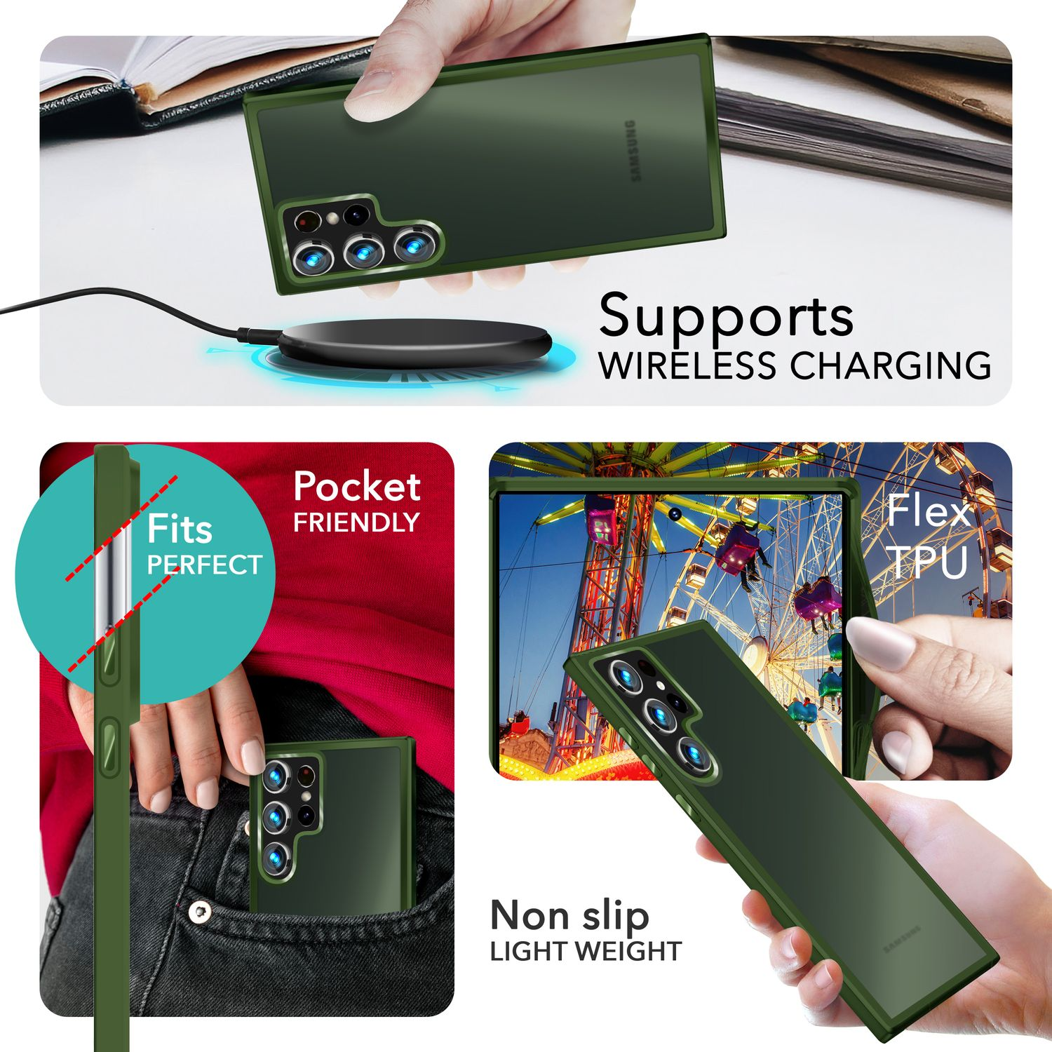 Handyhülle auf einem Telefon und in einer Tasche. Grüne Hülle. Text: Kabelloses Laden, rutschfest.